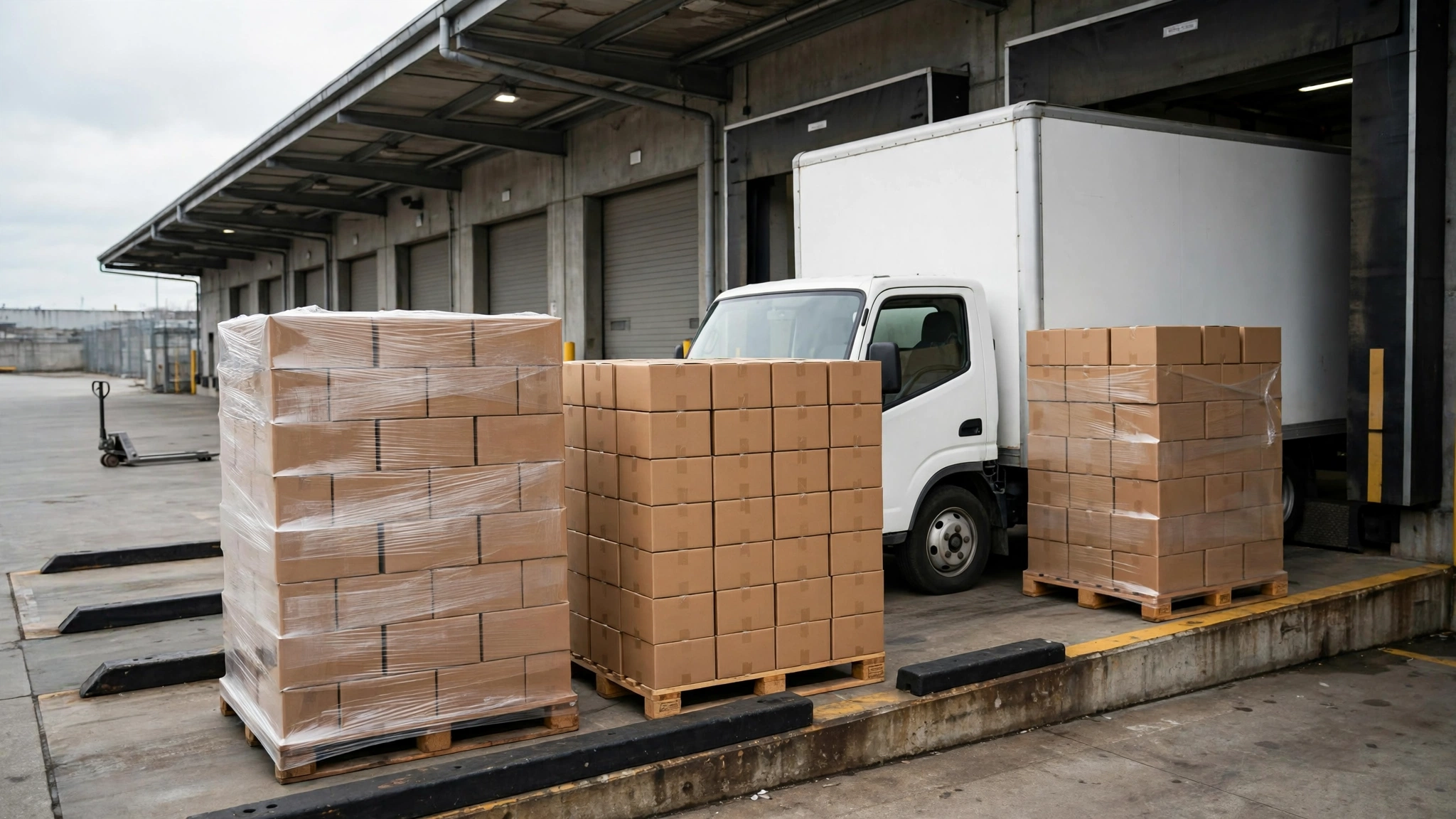 Stacked pallets of cardboard boxes and a white box truck at a warehouse loading dock