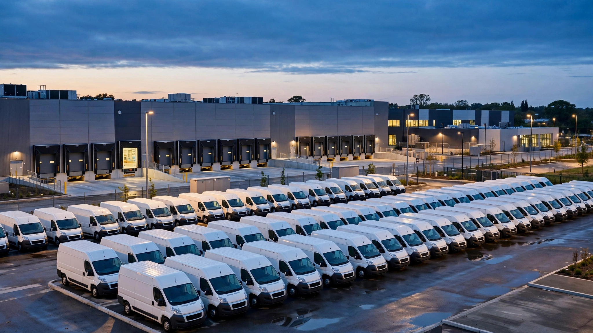 Rows of white delivery vans parked outside a modern e-commerce distribution warehouse at dusk