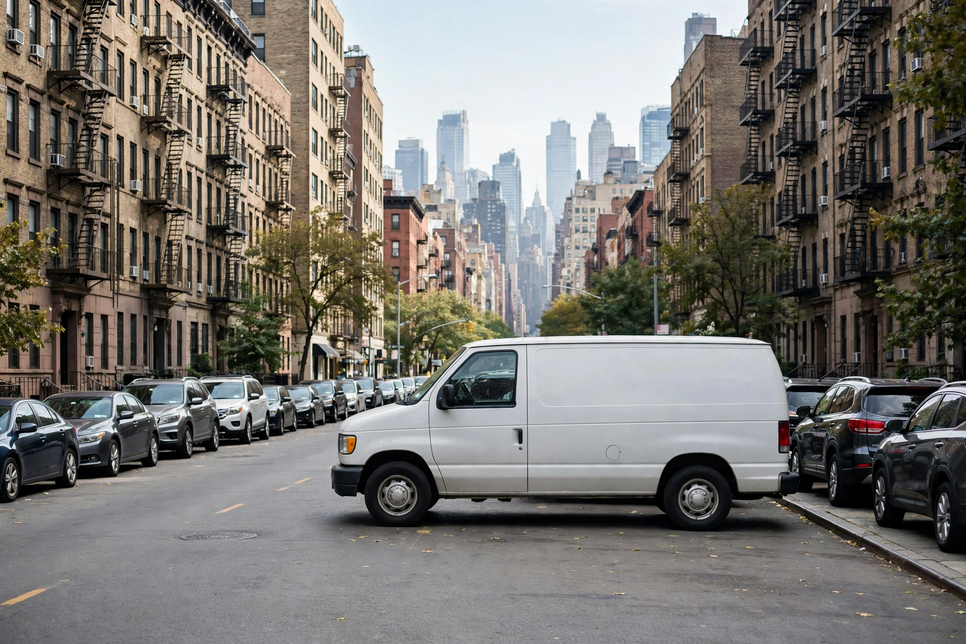 A plain white delivery van parked on a New York City residential street with brick apartment buildings and the Manhattan skyline behind it