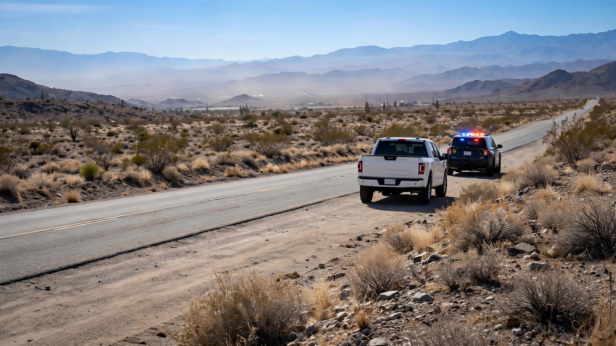 A sheriff patrol SUV with flashing lights parked on the shoulder of a rural Nevada desert highway behind a white pickup truck