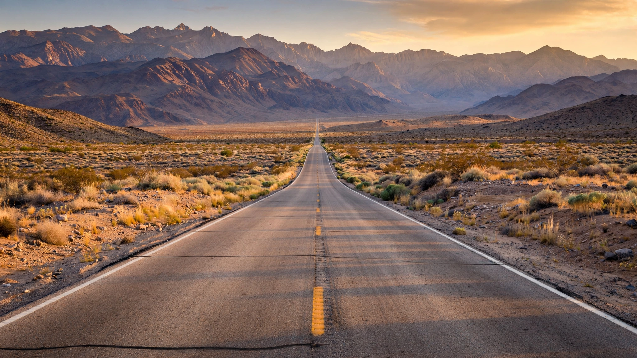 An empty two-lane highway running through high desert toward distant mountains at golden hour