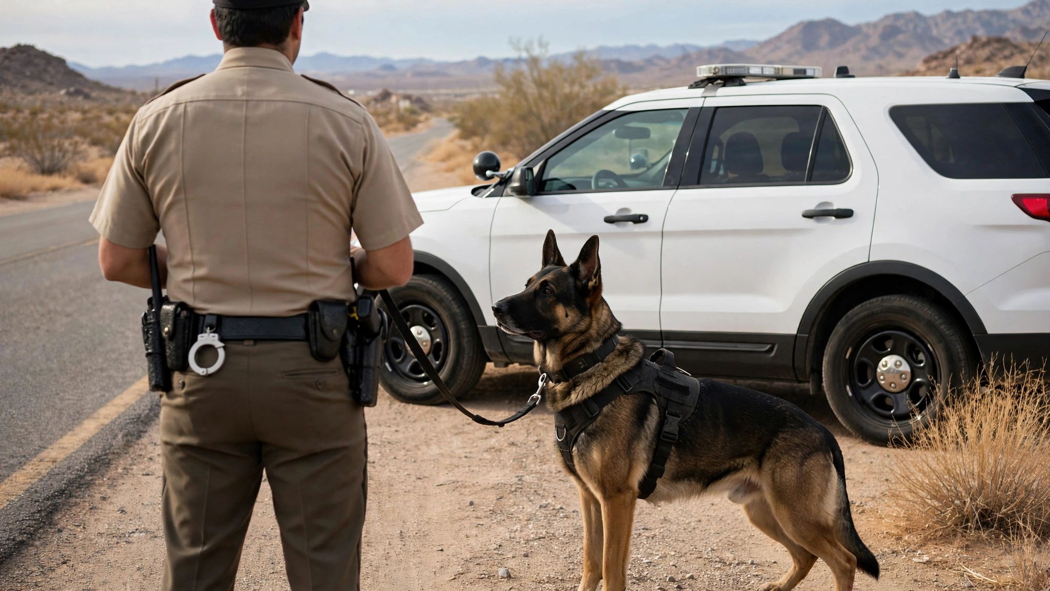 A German shepherd police dog standing beside a patrol vehicle with a uniformed handler seen from behind on a desert roadside