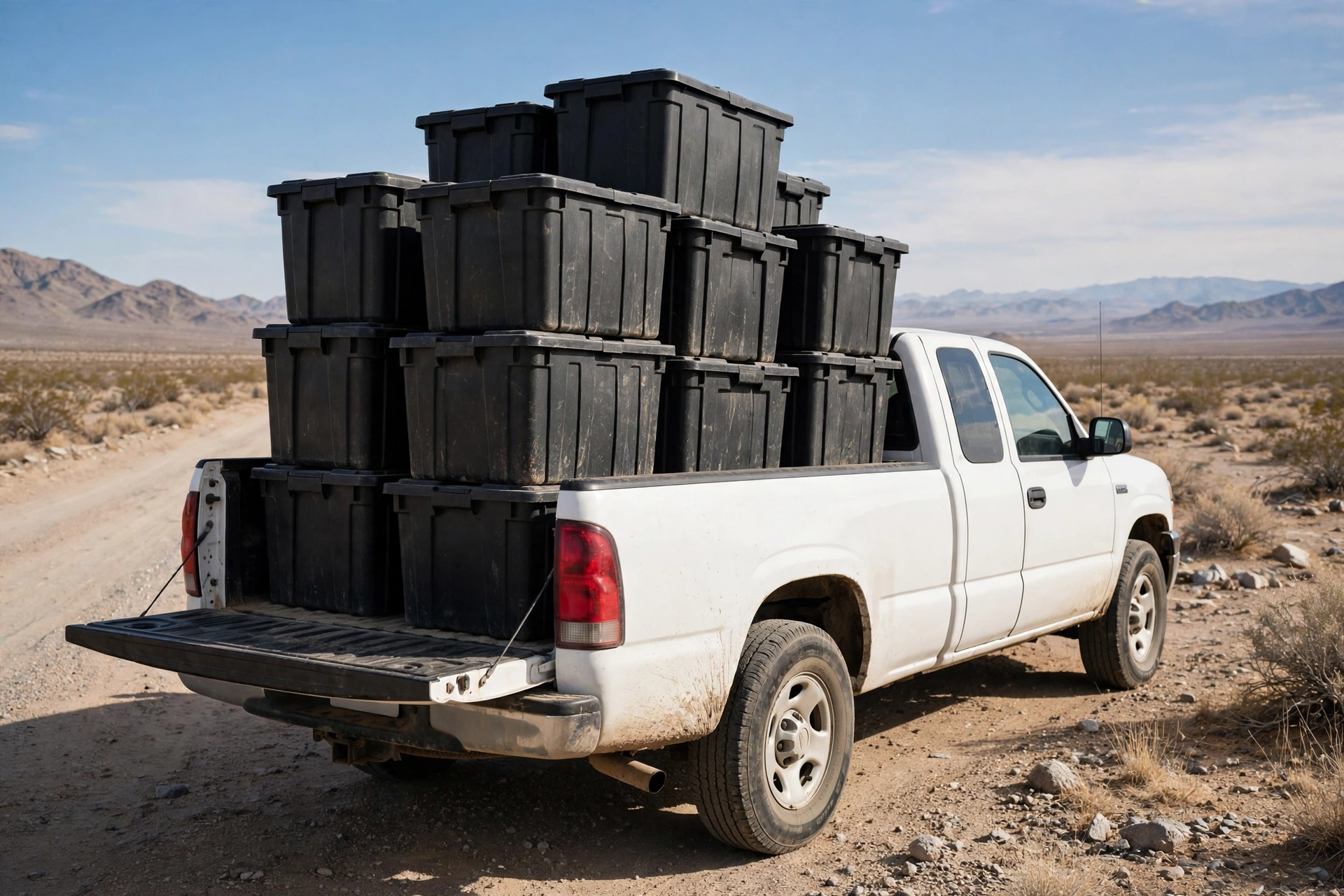 Large black plastic storage totes stacked in the open bed of a white pickup truck on a desert roadside