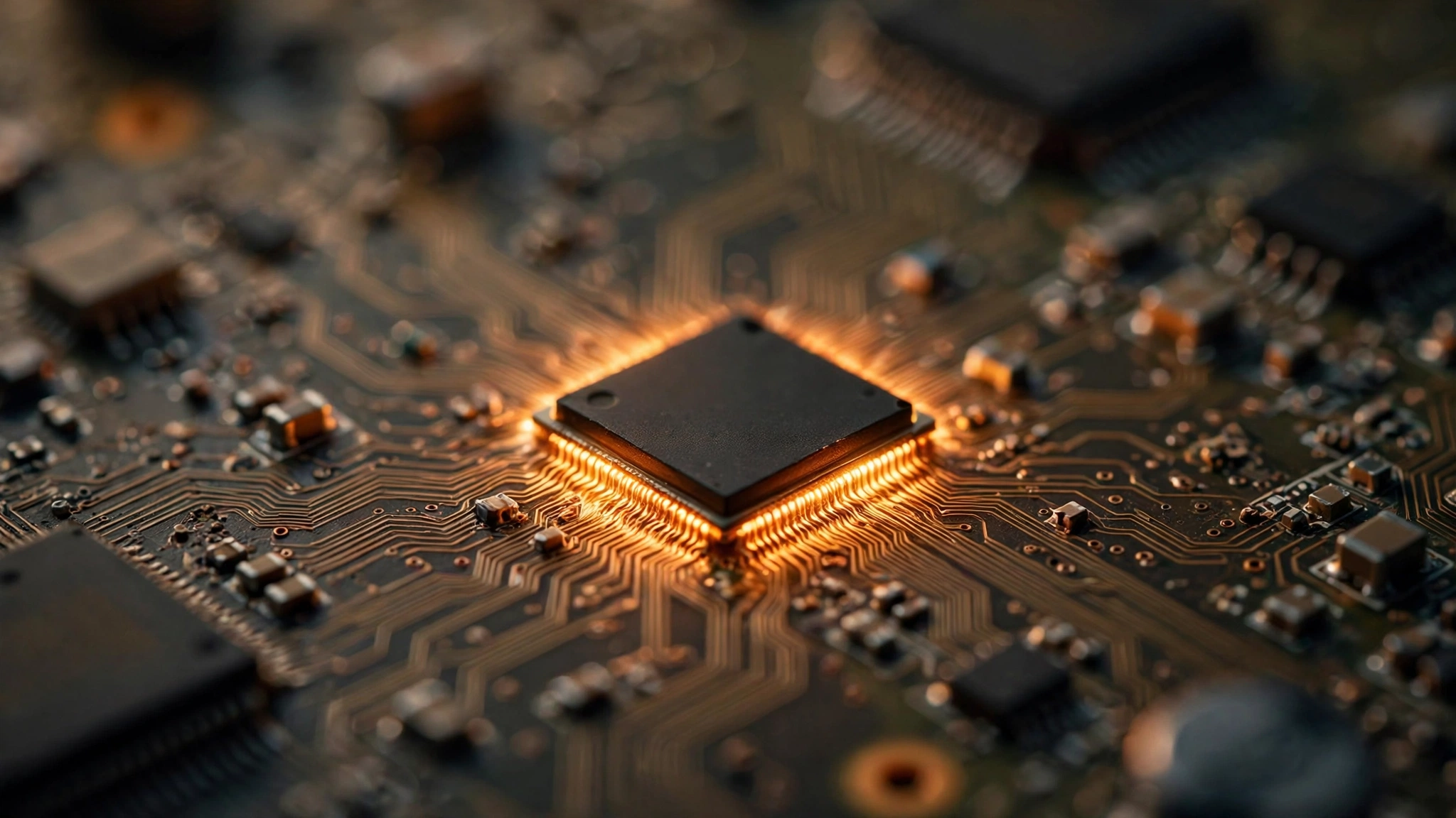 A close-up of a glowing microchip on a circuit board