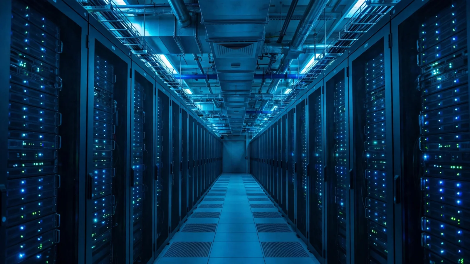 Rows of server racks with blinking blue lights in a data center corridor