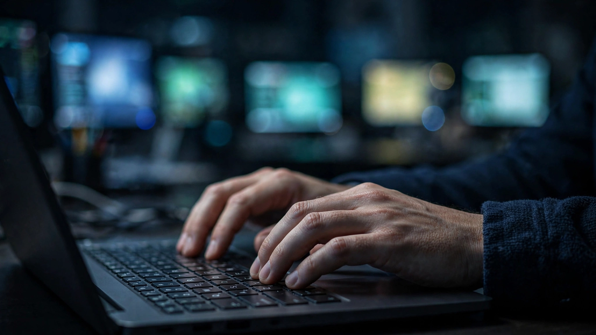 Hands typing on a laptop keyboard in a dark room with blurred monitors in the background