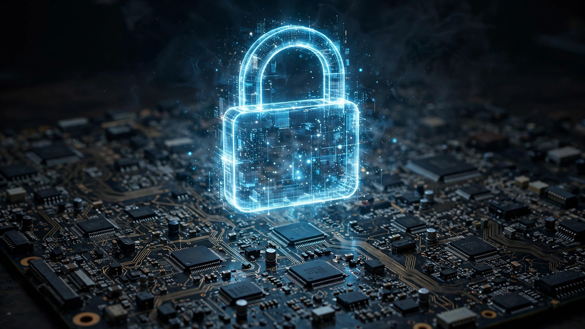 A glowing digital padlock symbol over a dark circuit board