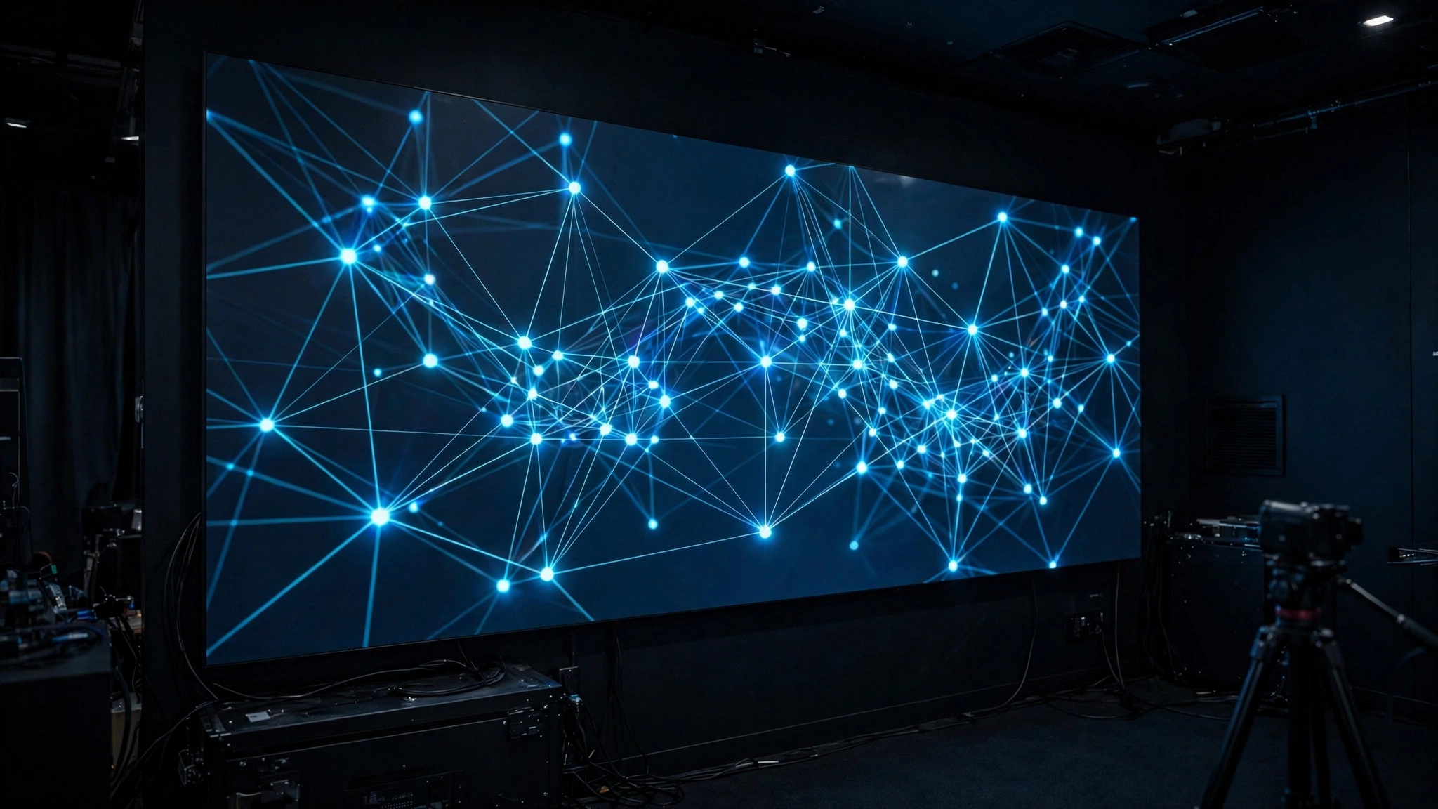 A large screen in a dark room displaying a glowing blue network of connected nodes