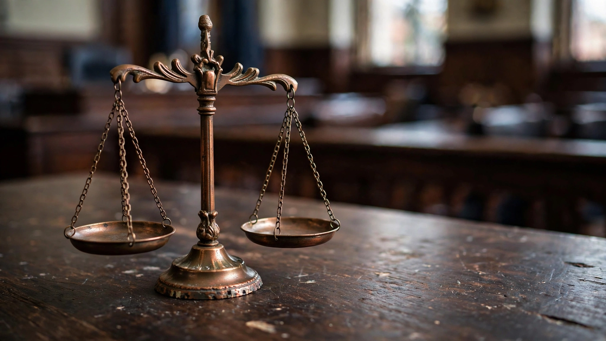 A bronze scale of justice on a wooden desk with a blurred courtroom interior behind it