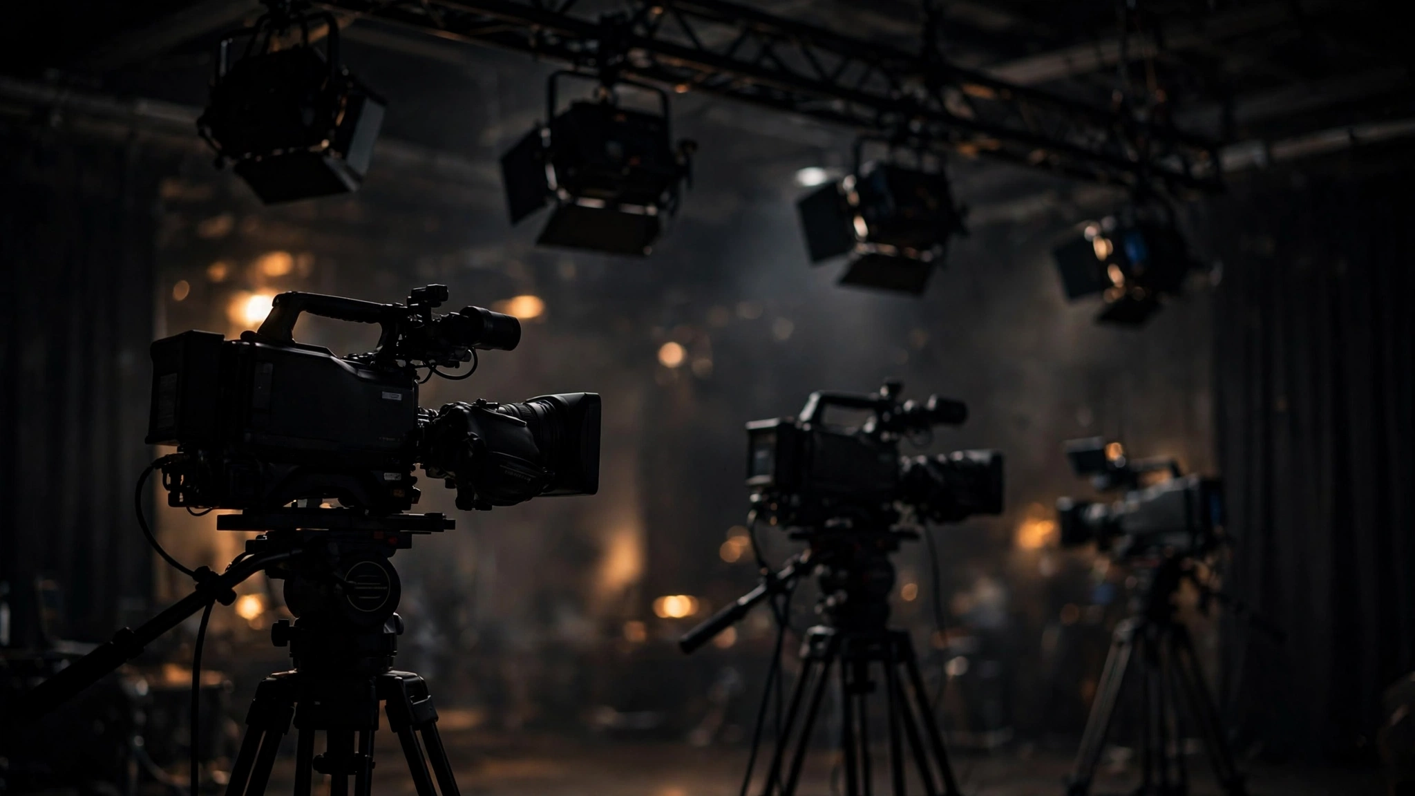 Television cameras and studio lights silhouetted in a dark news studio