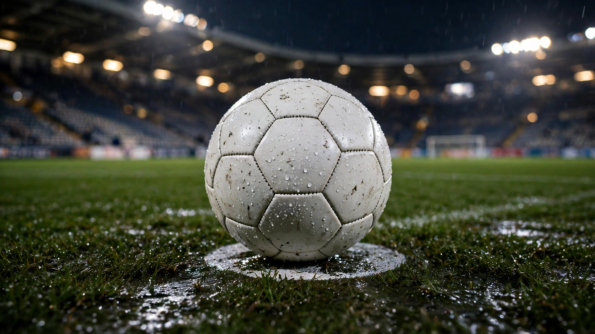 A white football sitting on the penalty spot of a wet grass pitch at night, with blurred stadium lights behind it