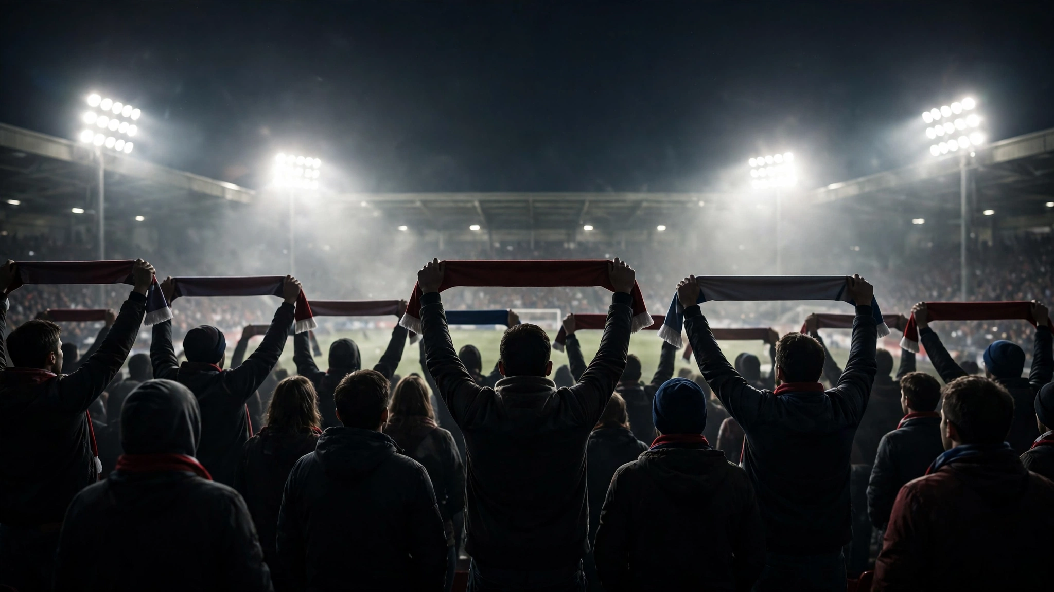 Football supporters seen from behind, holding scarves aloft in a floodlit stadium stand at night