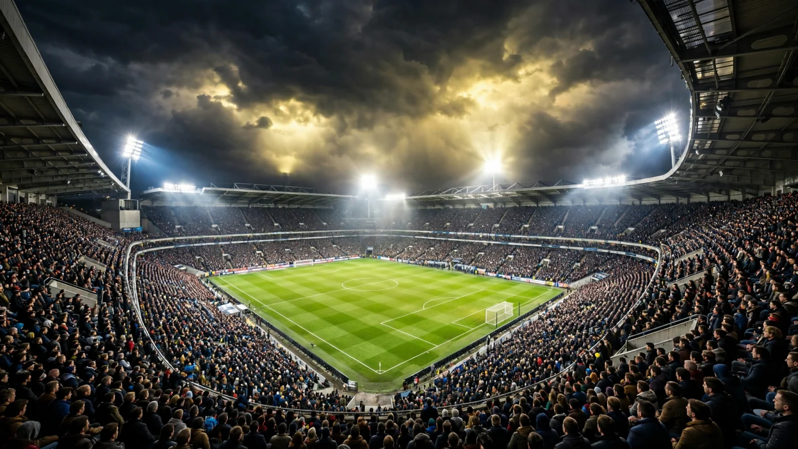 Wide view of a crowded football stadium glowing under floodlights at night, with the green pitch visible from the stands
