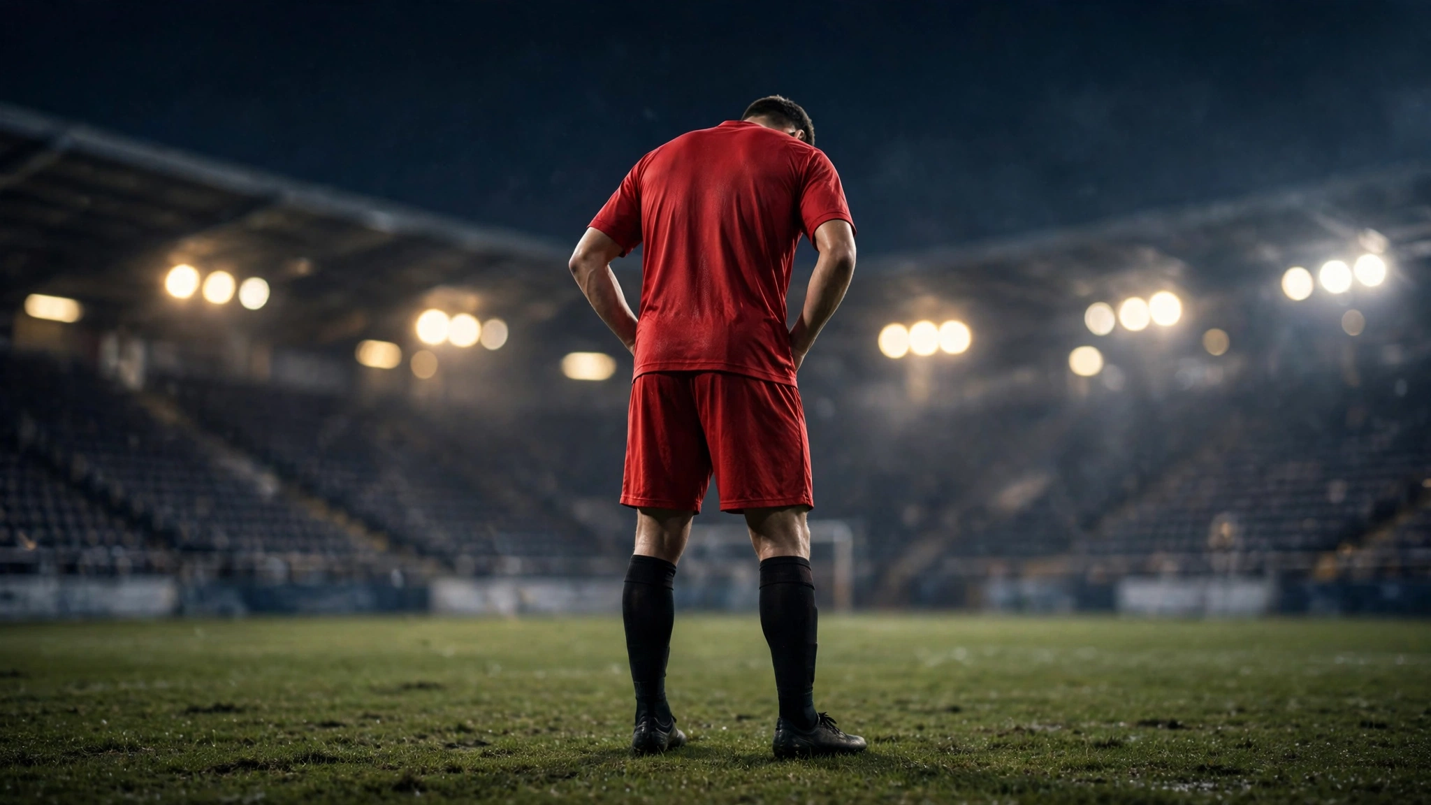 A footballer in a plain red shirt, seen from behind with his head bowed, standing alone on a floodlit pitch at night