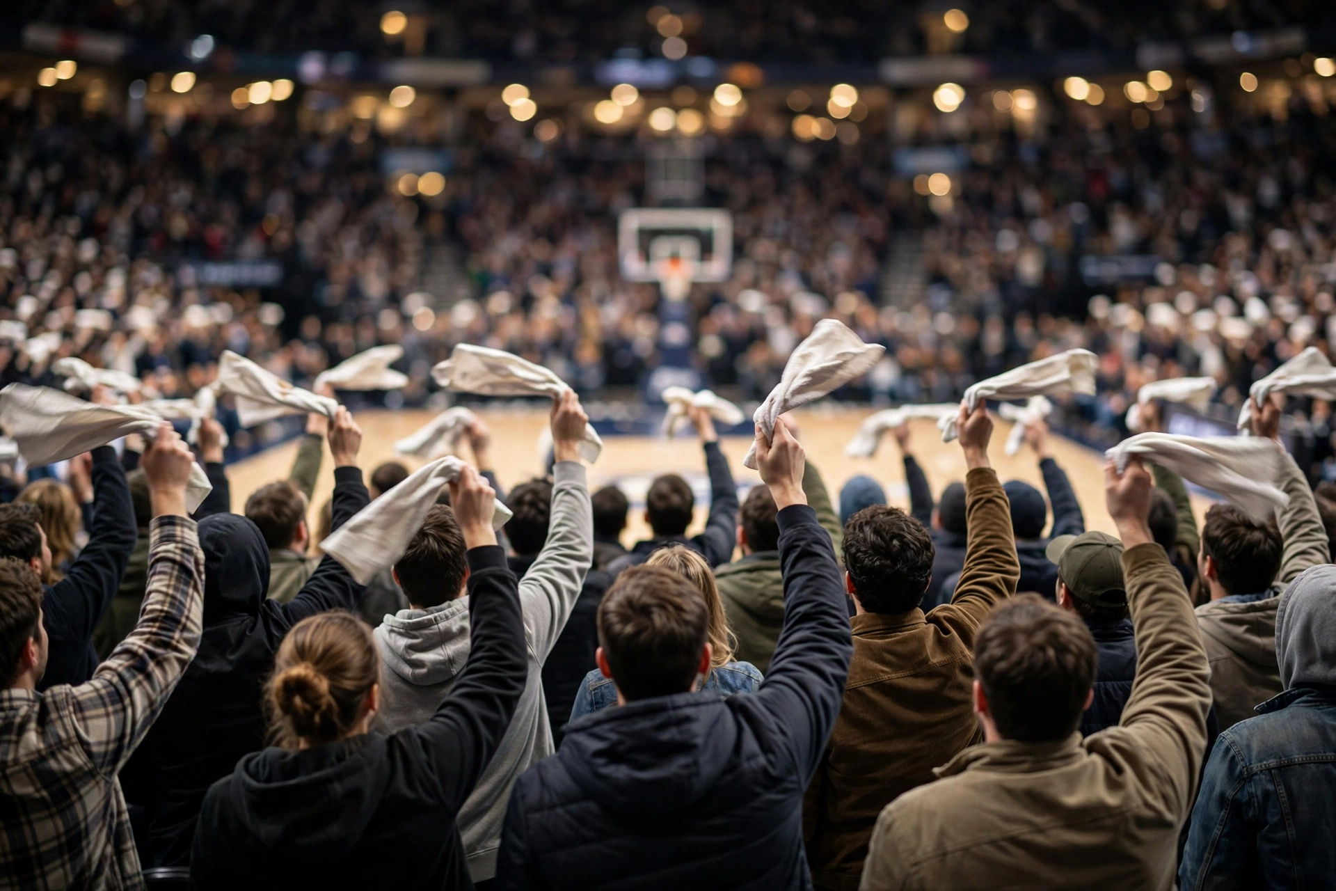 Fans in arena seats waving white rally towels with a basketball court in the background