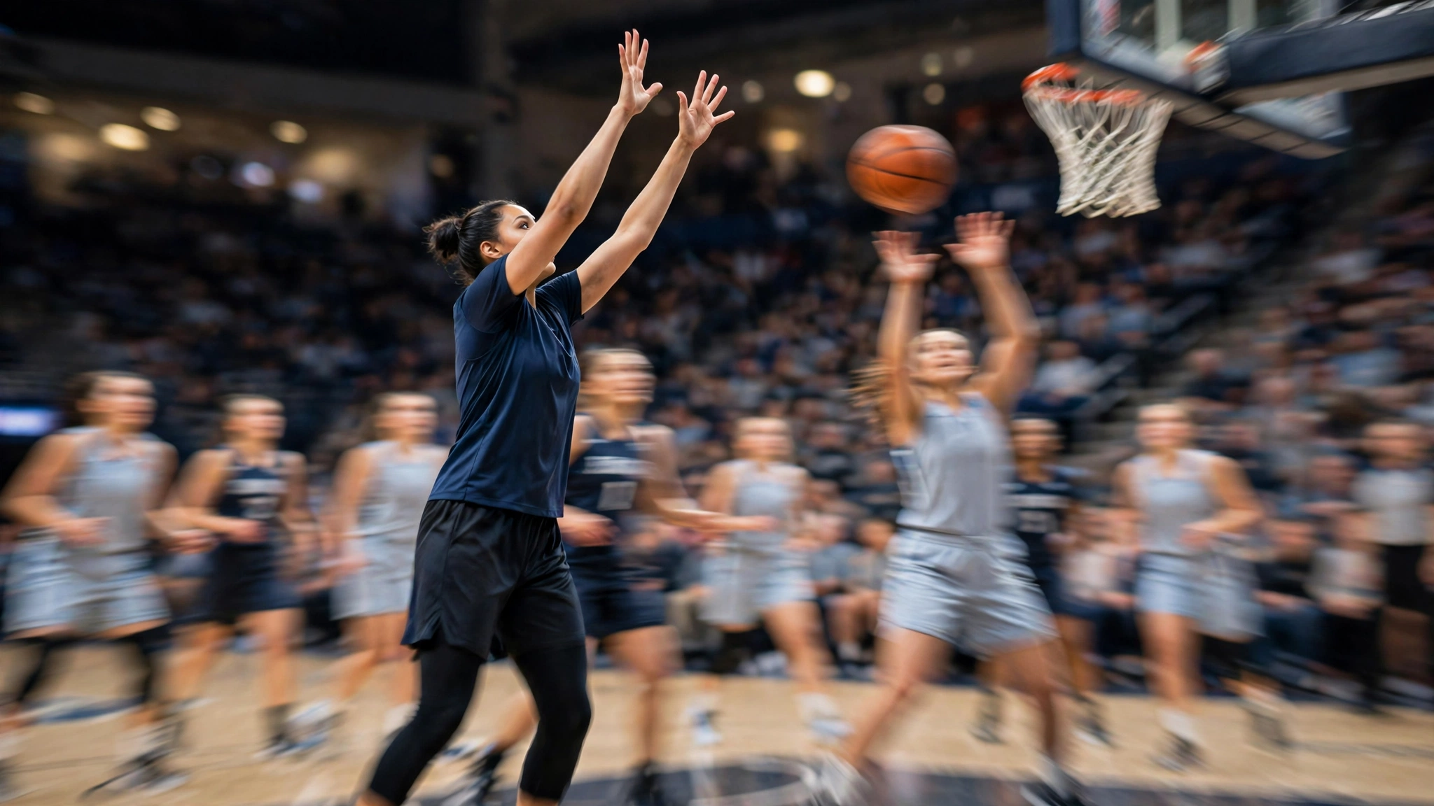 A basketball player with arms raised contesting a shot near the basket during a women's game