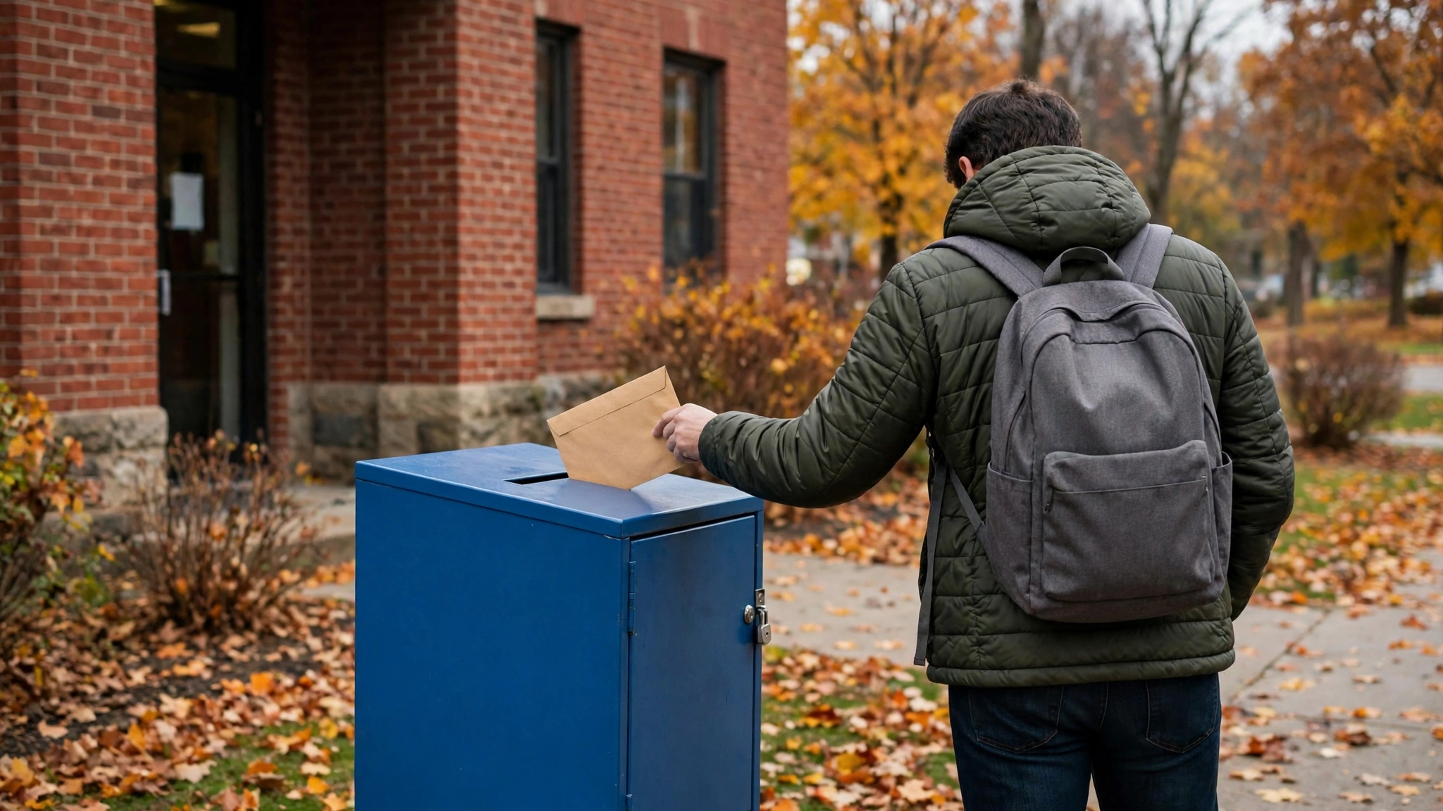 A person seen from behind placing an envelope into a blue ballot drop box outside a brick building