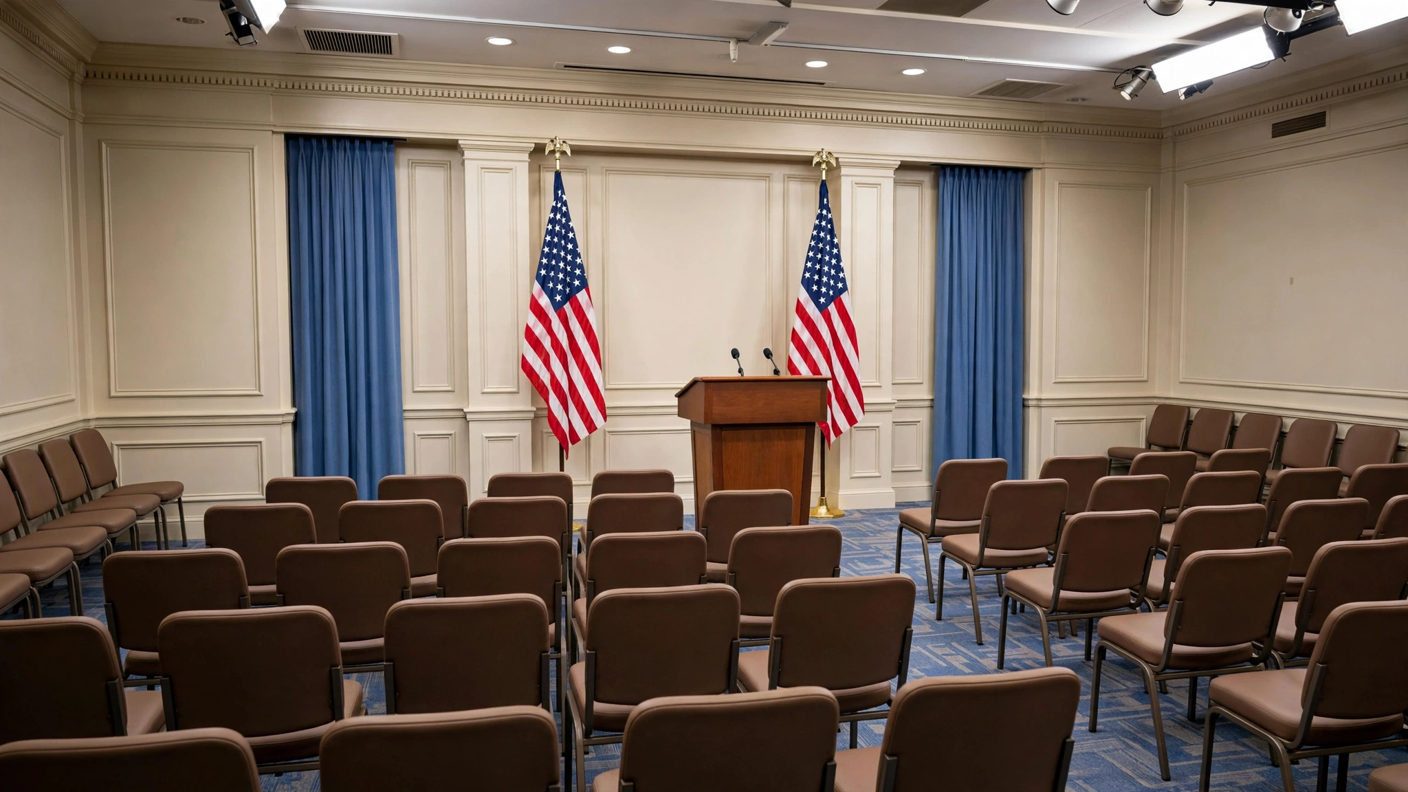 An empty White House press briefing room with a podium, two American flags and rows of chairs