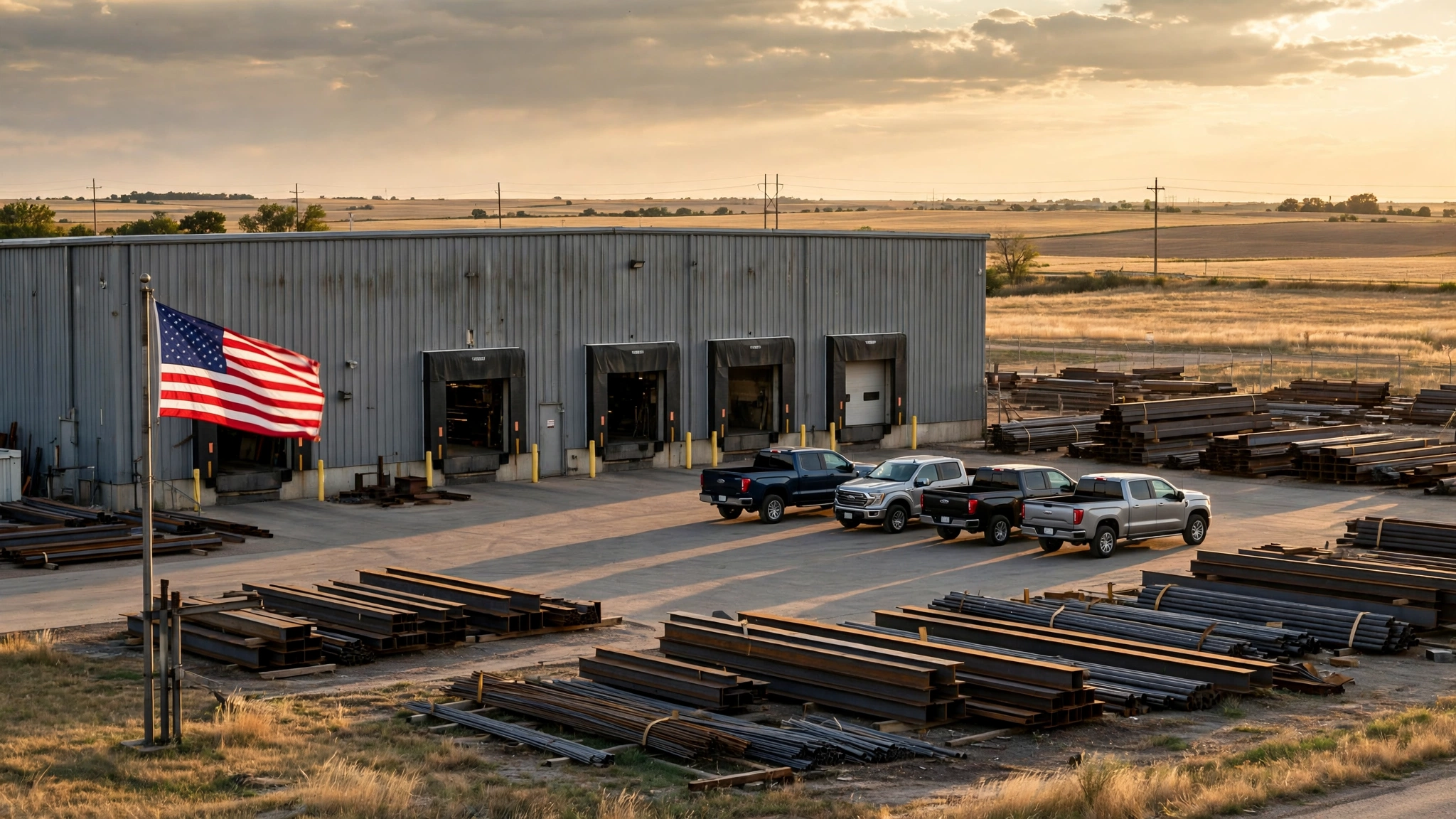 A steel fabrication plant with loading bays, parked pickup trucks and stacked steel beams, with an American flag in front