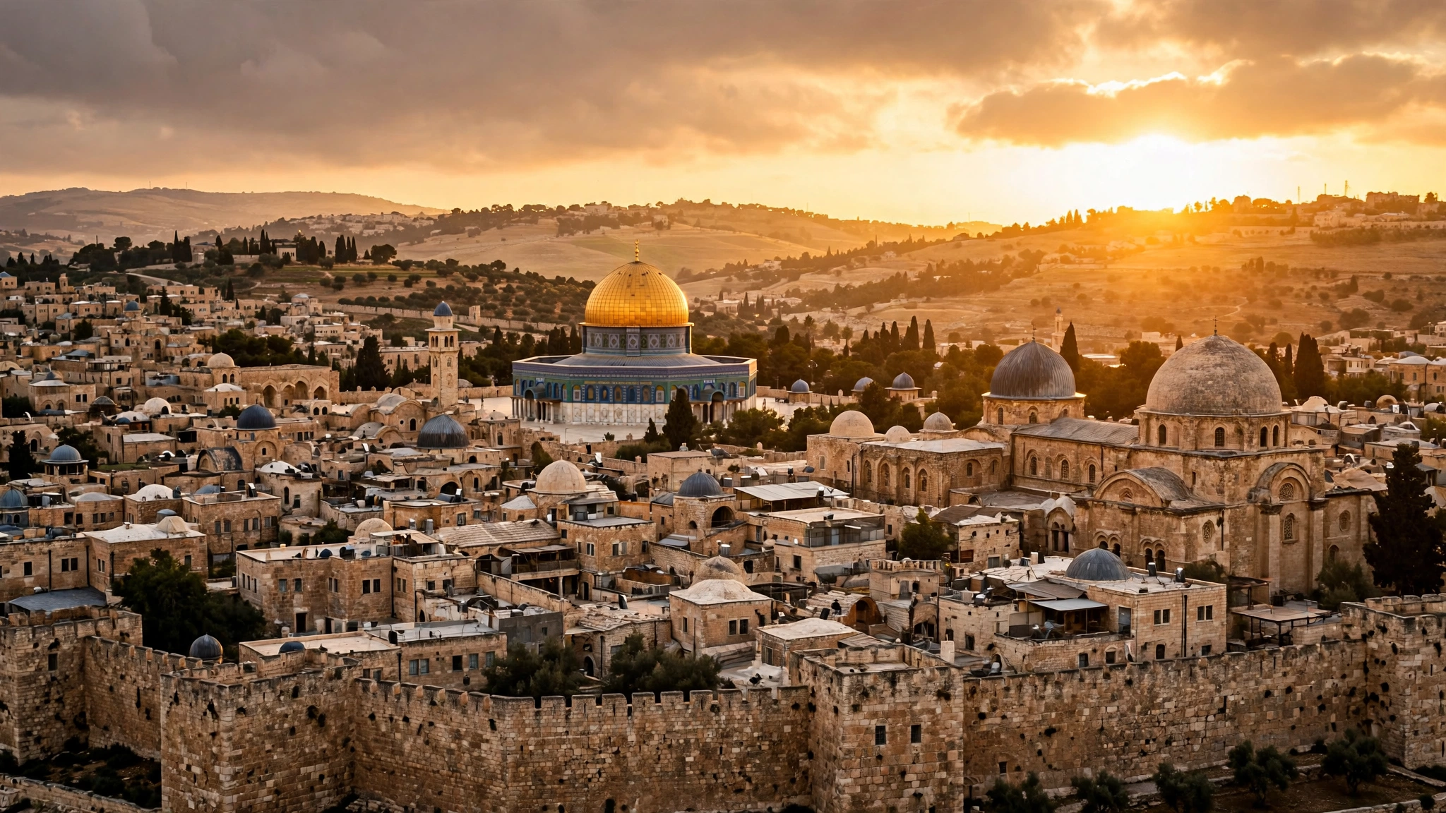 The old city of Jerusalem at sunset, with stone buildings, domes and the gold-domed Dome of the Rock