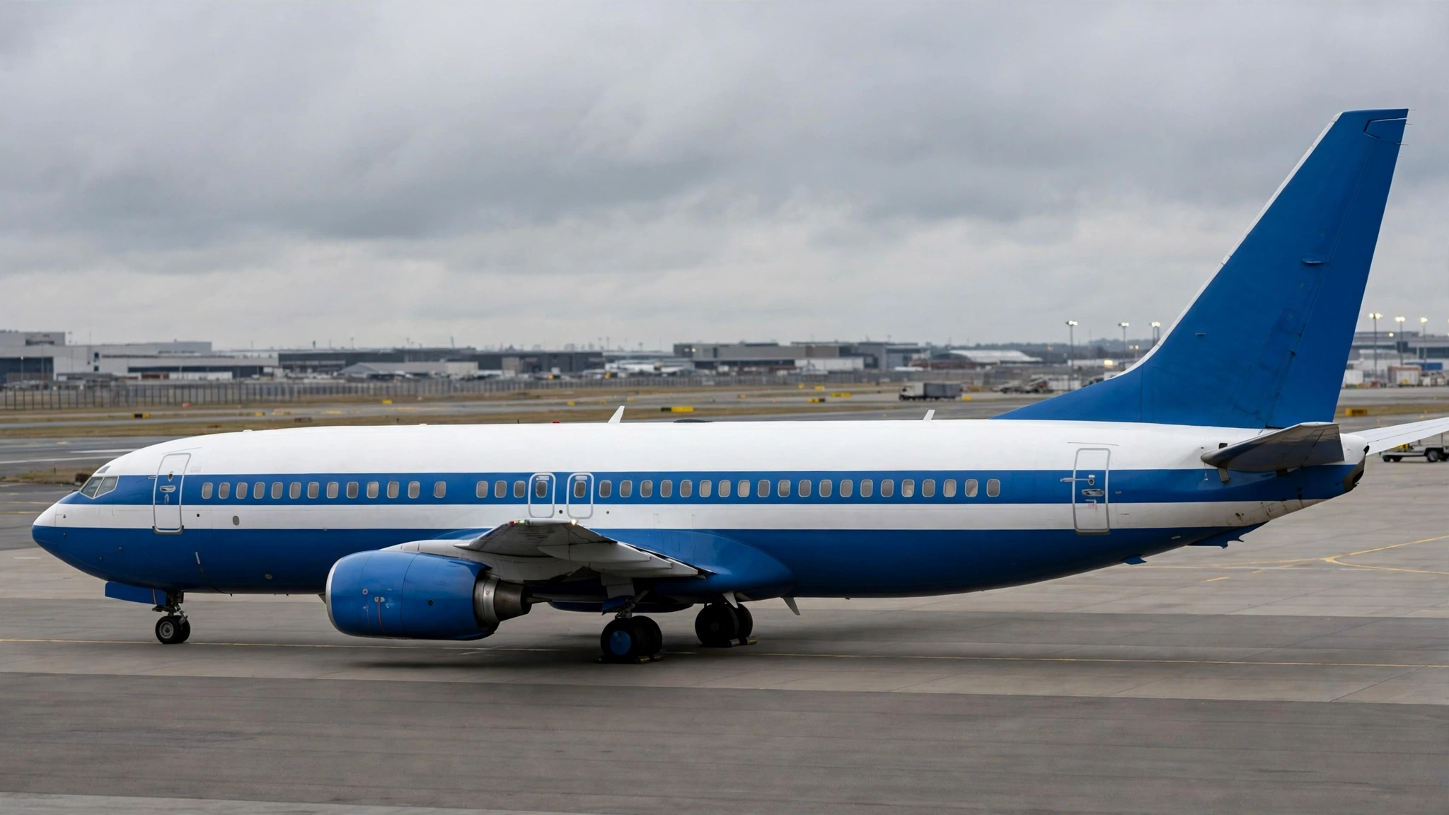A blue-and-white government passenger jet parked on an airport tarmac under an overcast sky