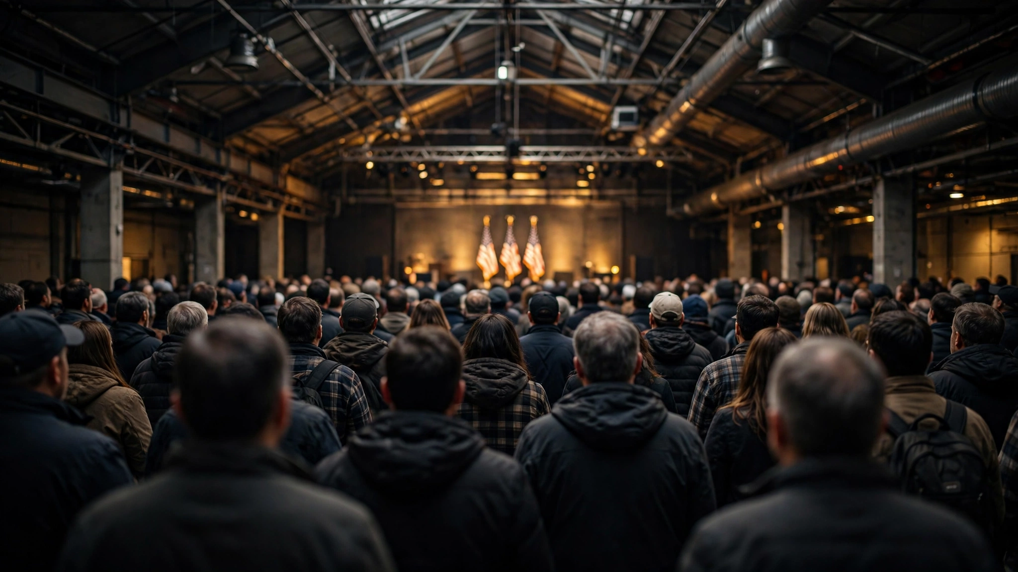A crowd seen from behind inside a large industrial hall facing a stage with American flags