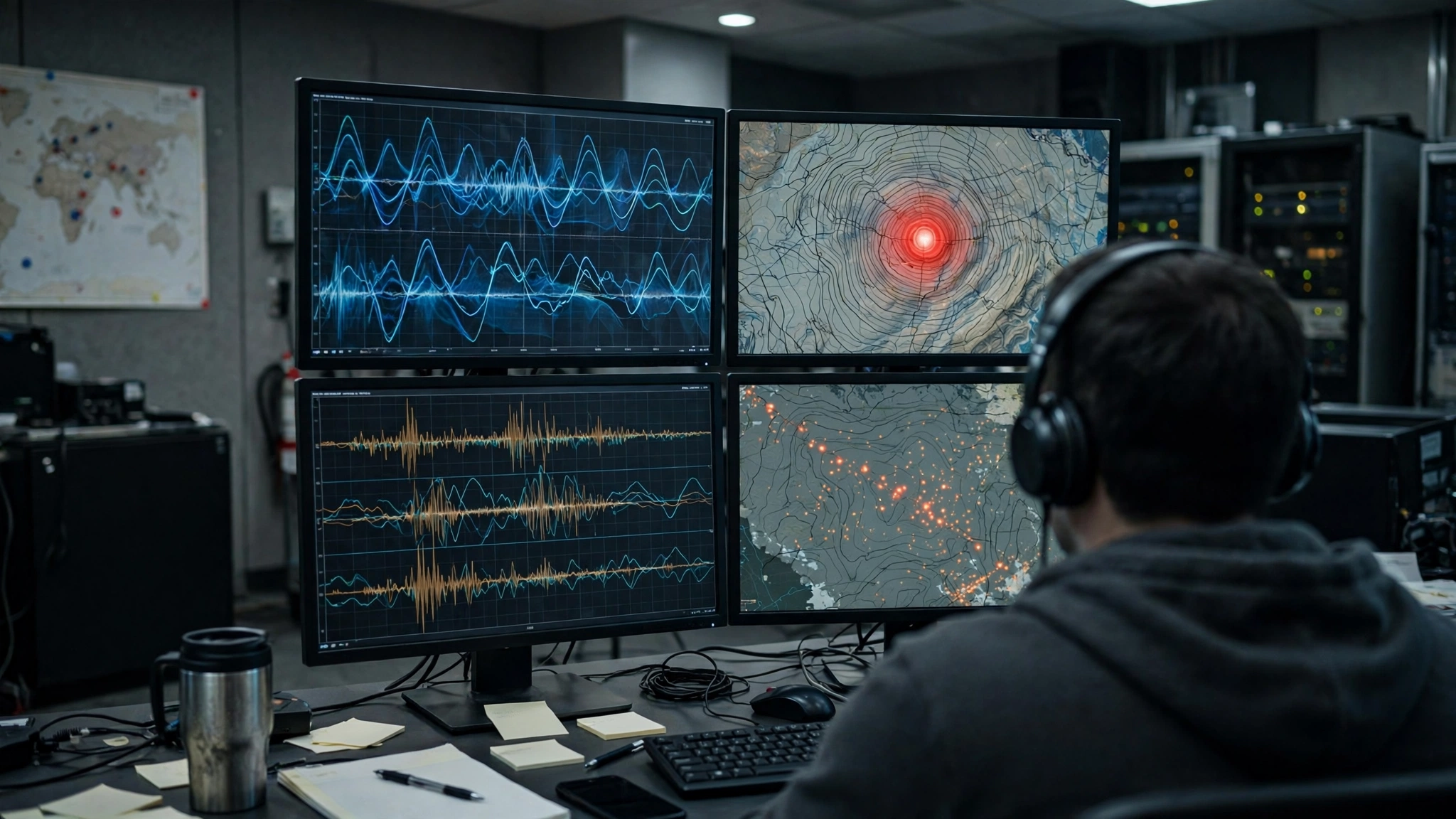 A technician viewed from behind watching seismic wave charts and maps on computer monitors
