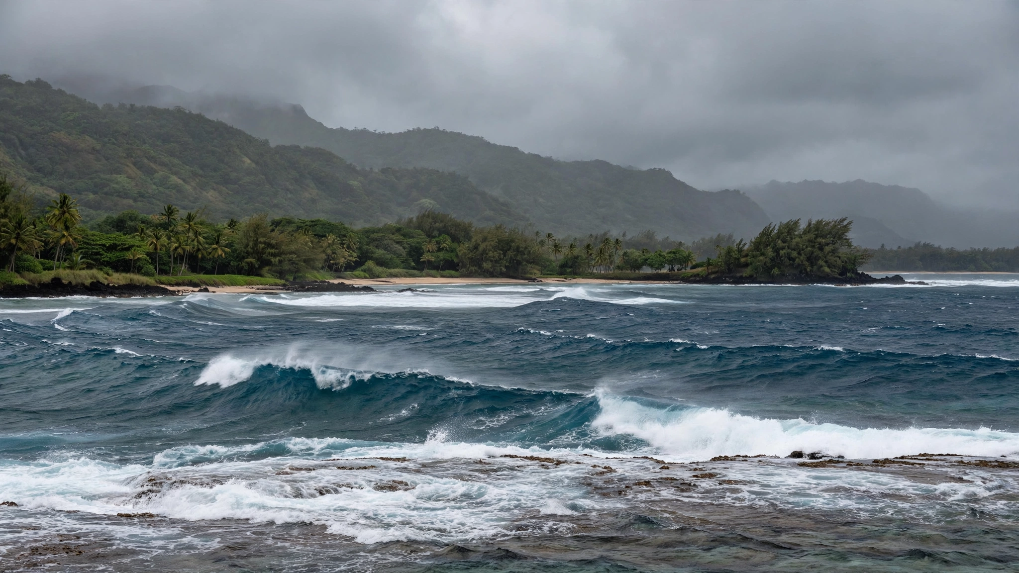 Rough ocean waves breaking near a Pacific island shore under grey skies