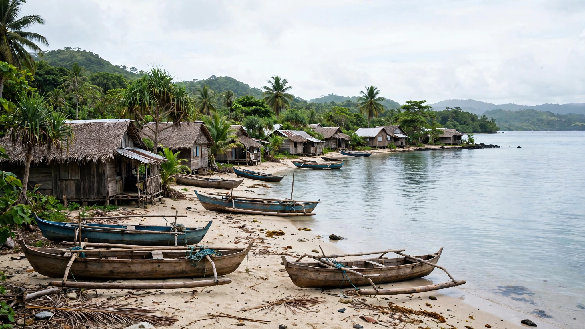 Wooden boats pulled up on a sandy beach beside small houses in a Pacific island coastal village