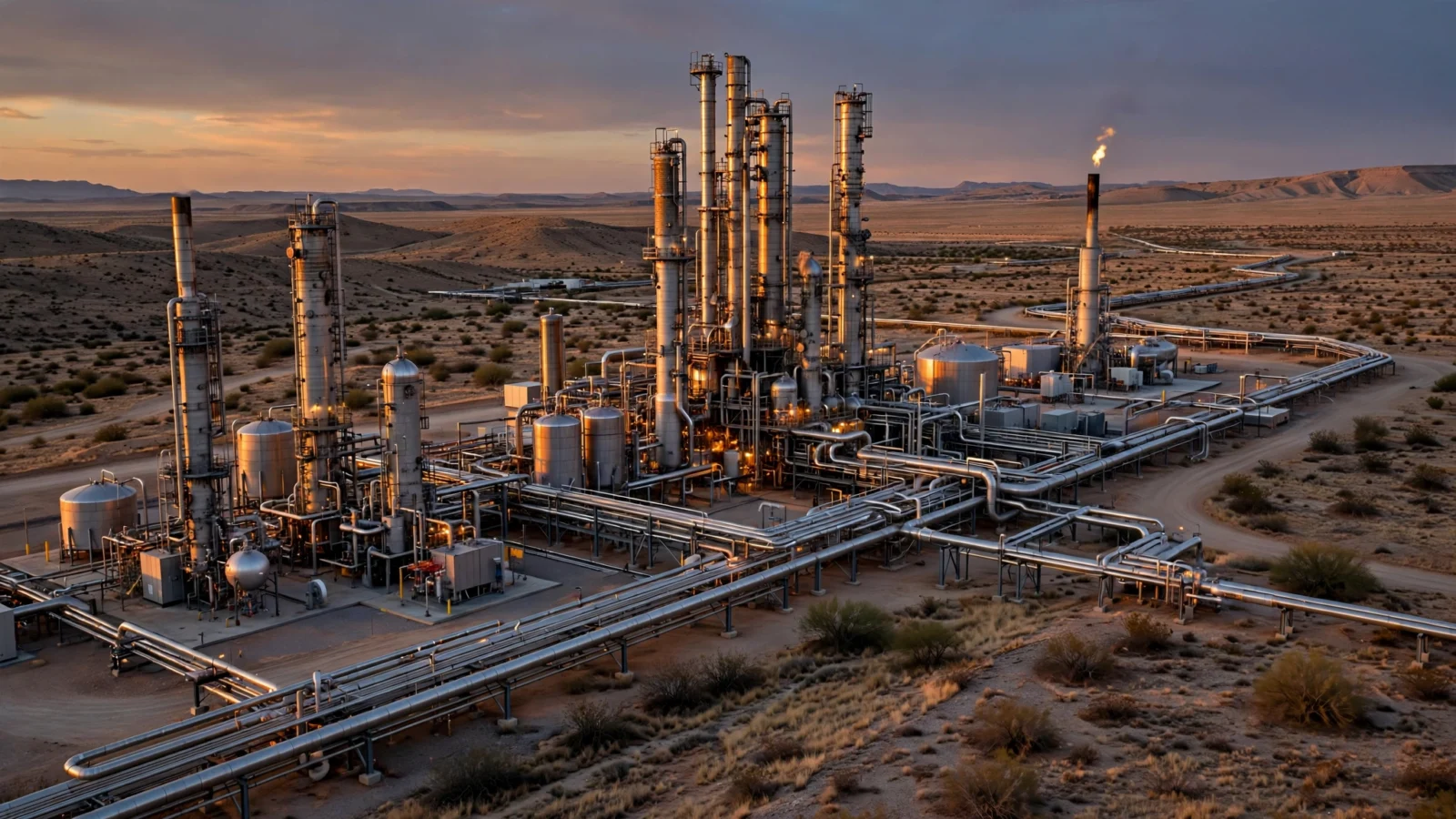 A natural gas processing plant with tall processing towers, storage tanks and silver pipelines in a desert landscape at dusk