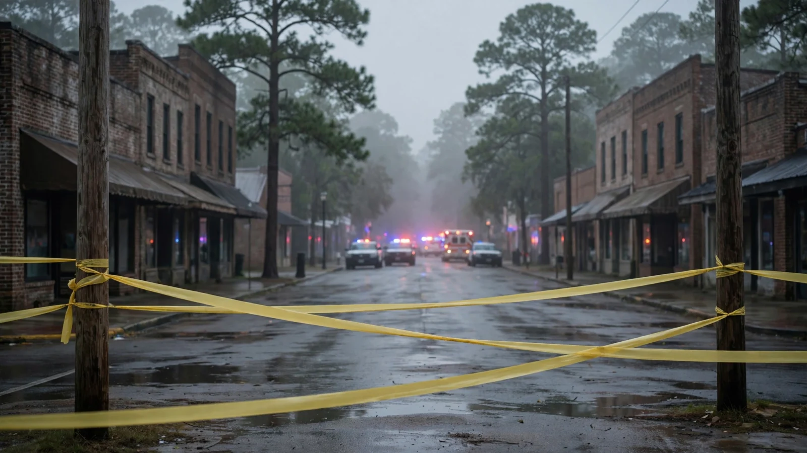 Small-town street cordoned off with yellow tape as emergency vehicles stand in the distance at dawn
