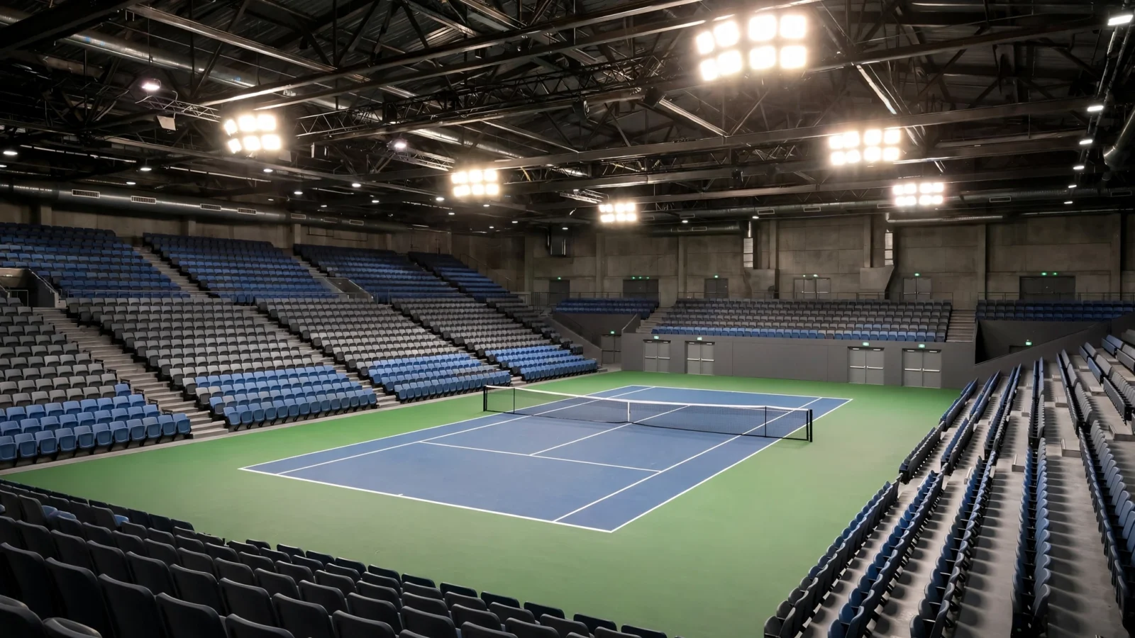 An empty indoor tennis arena with a blue hard court under floodlights and rows of empty seats.
