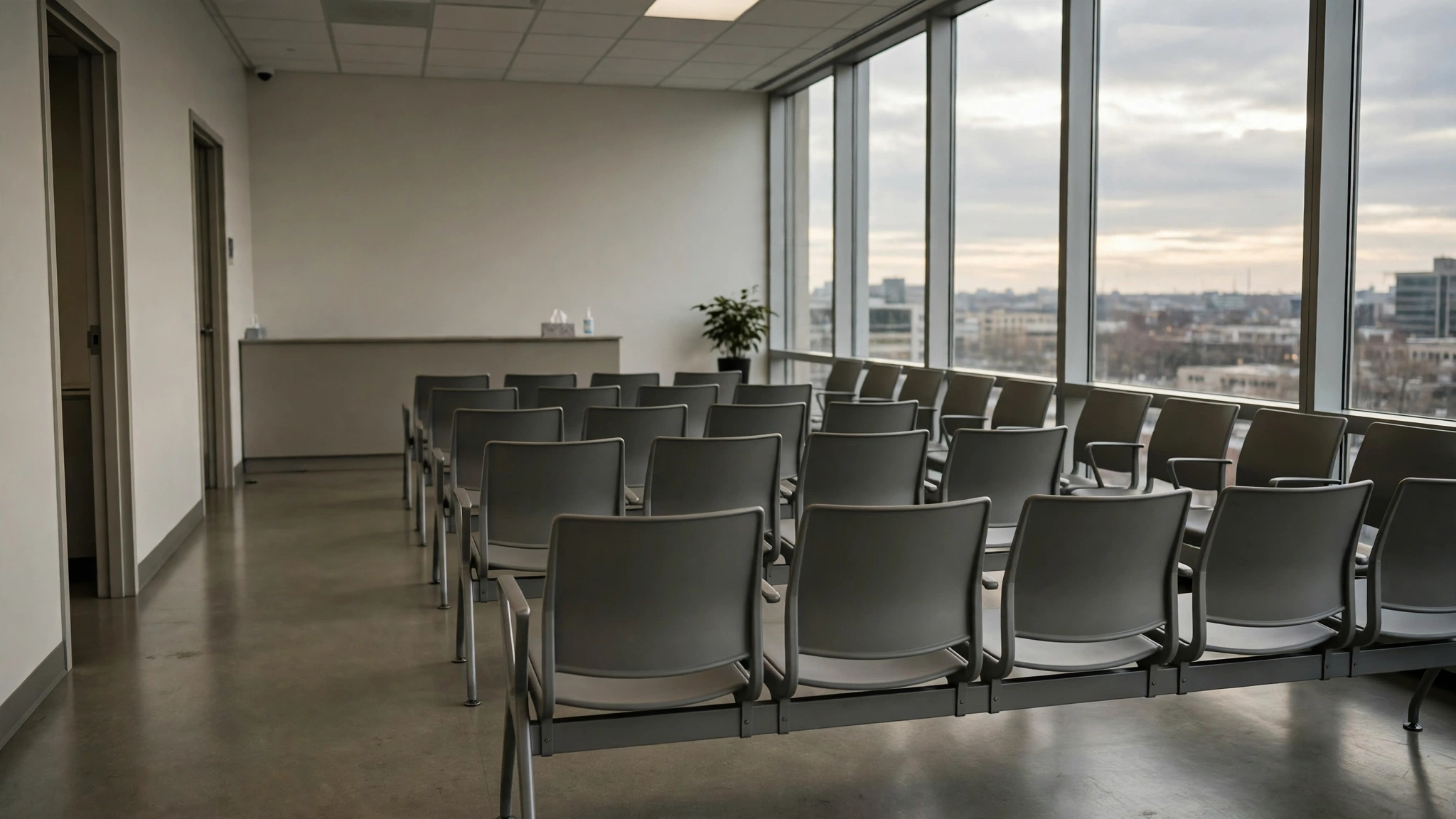 Empty rows of chairs in a consulate waiting room with large windows