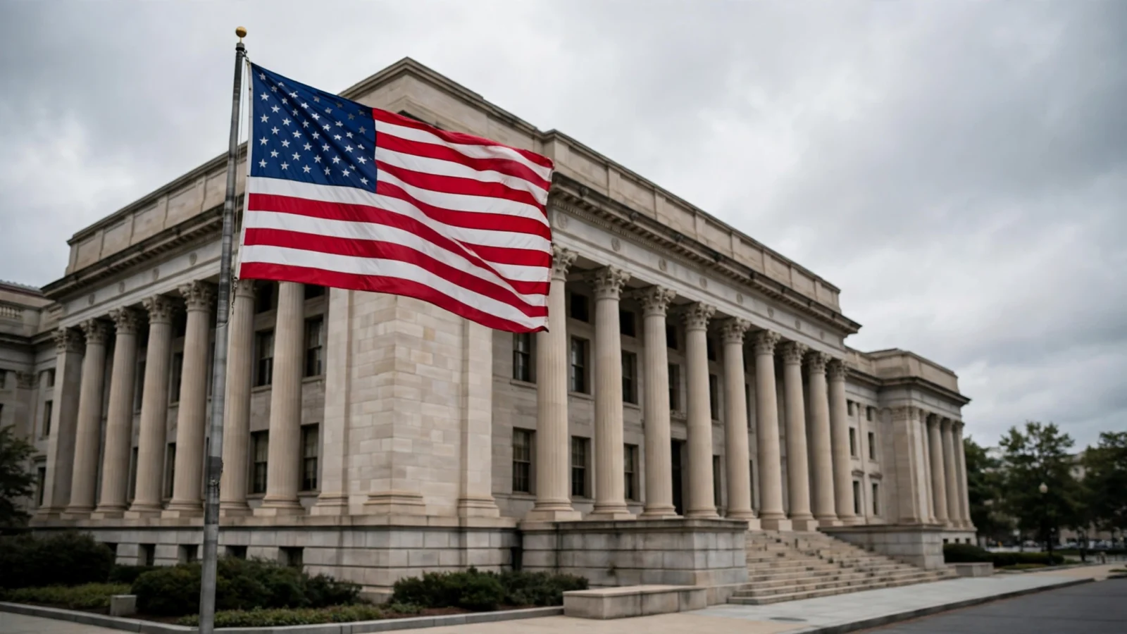 The American flag flying in front of a columned federal government building in Washington DC