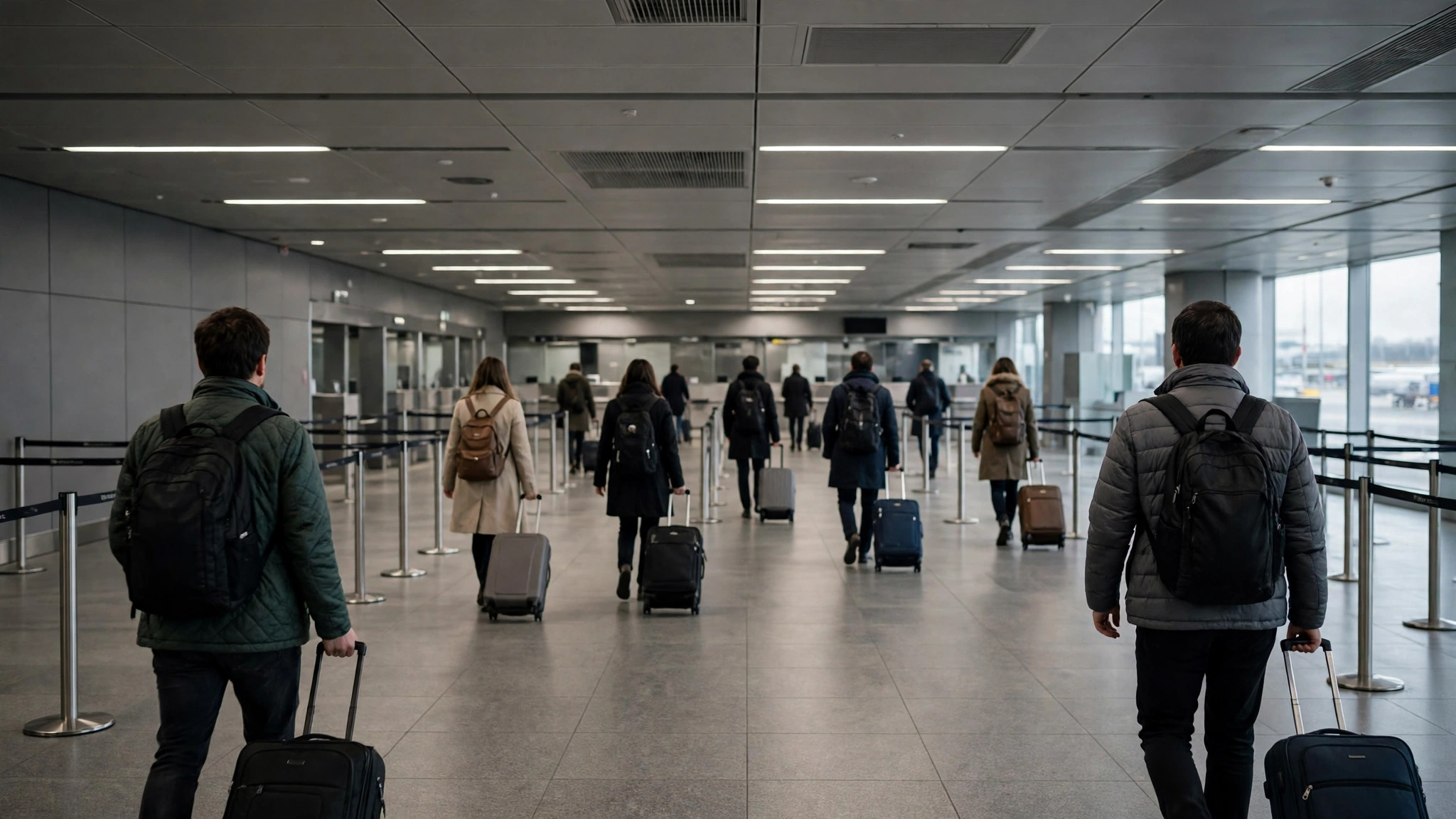 Travelers with luggage walking through an airport immigration hall, seen from behind
