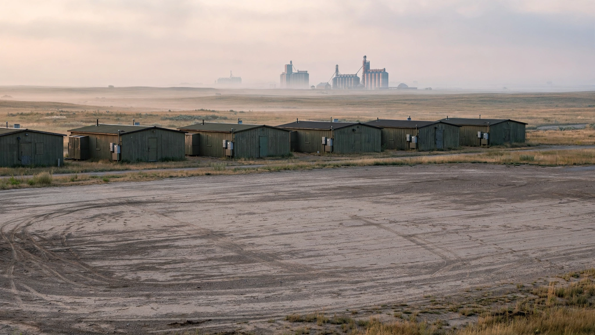 Low military barracks buildings on a dirt training field on the prairie.