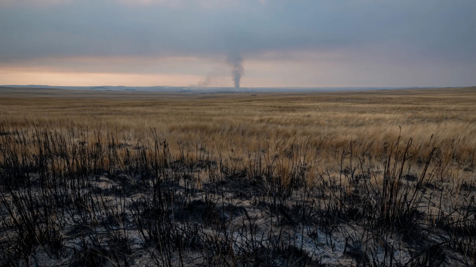 Charred grass on an Alberta prairie with a column of smoke rising in the distance at dusk.