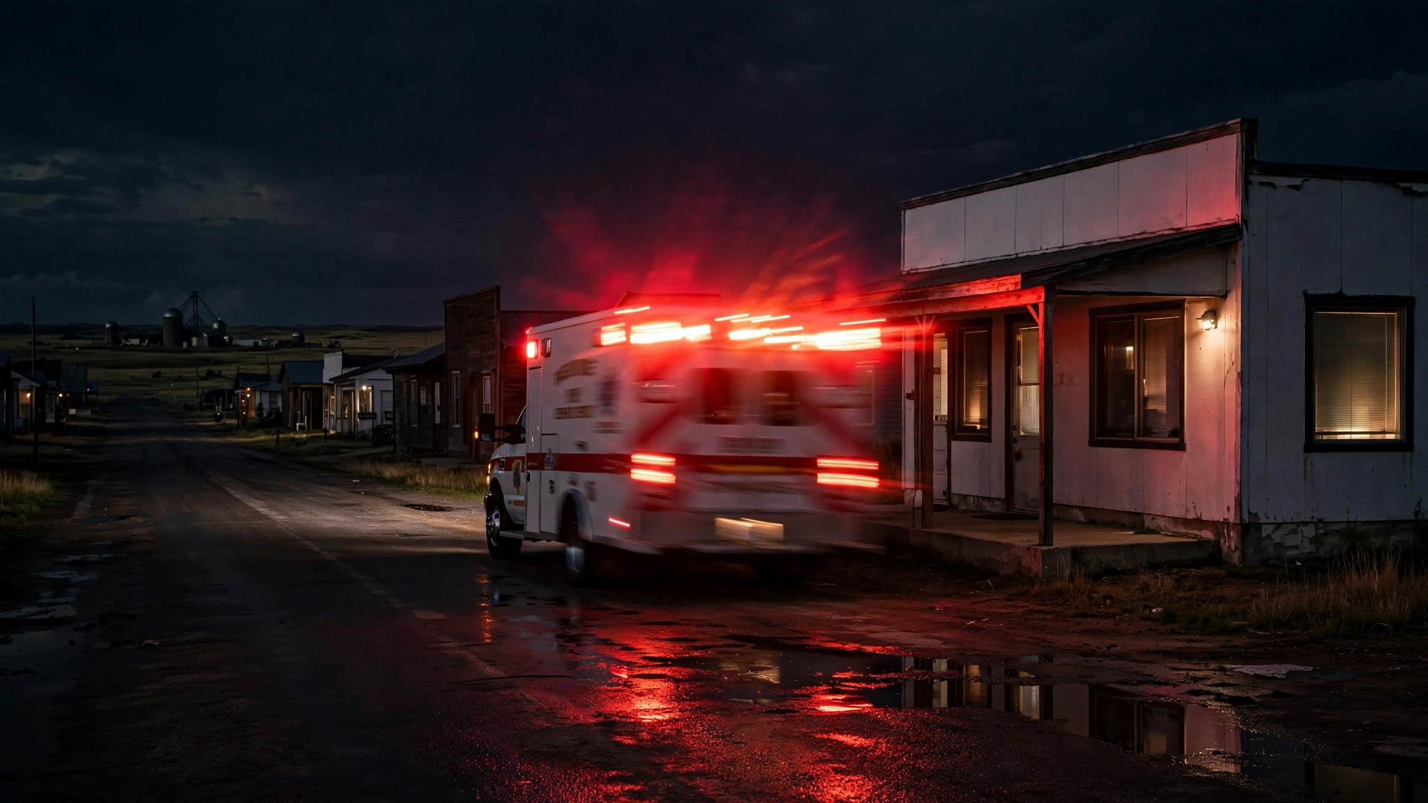 An ambulance with flashing red lights parked outside a small clinic building at night.