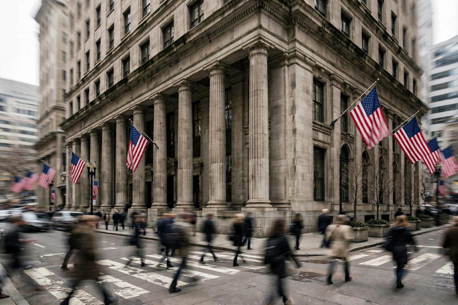 A historic stone financial district building with columns and American flags as blurred pedestrians cross the street