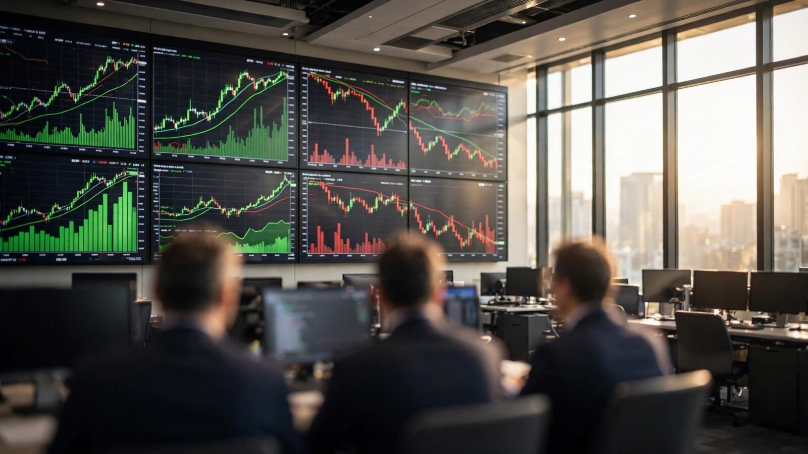 A trading floor with large monitors showing green and red stock market charts, with blurred anonymous traders seen from behind.