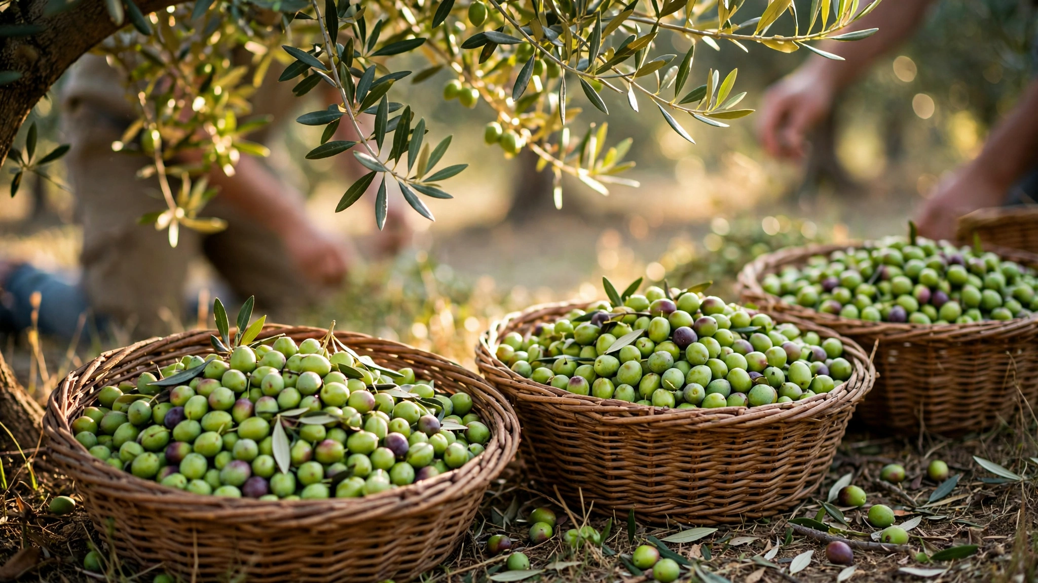 Woven baskets full of freshly picked green olives under an olive tree branch