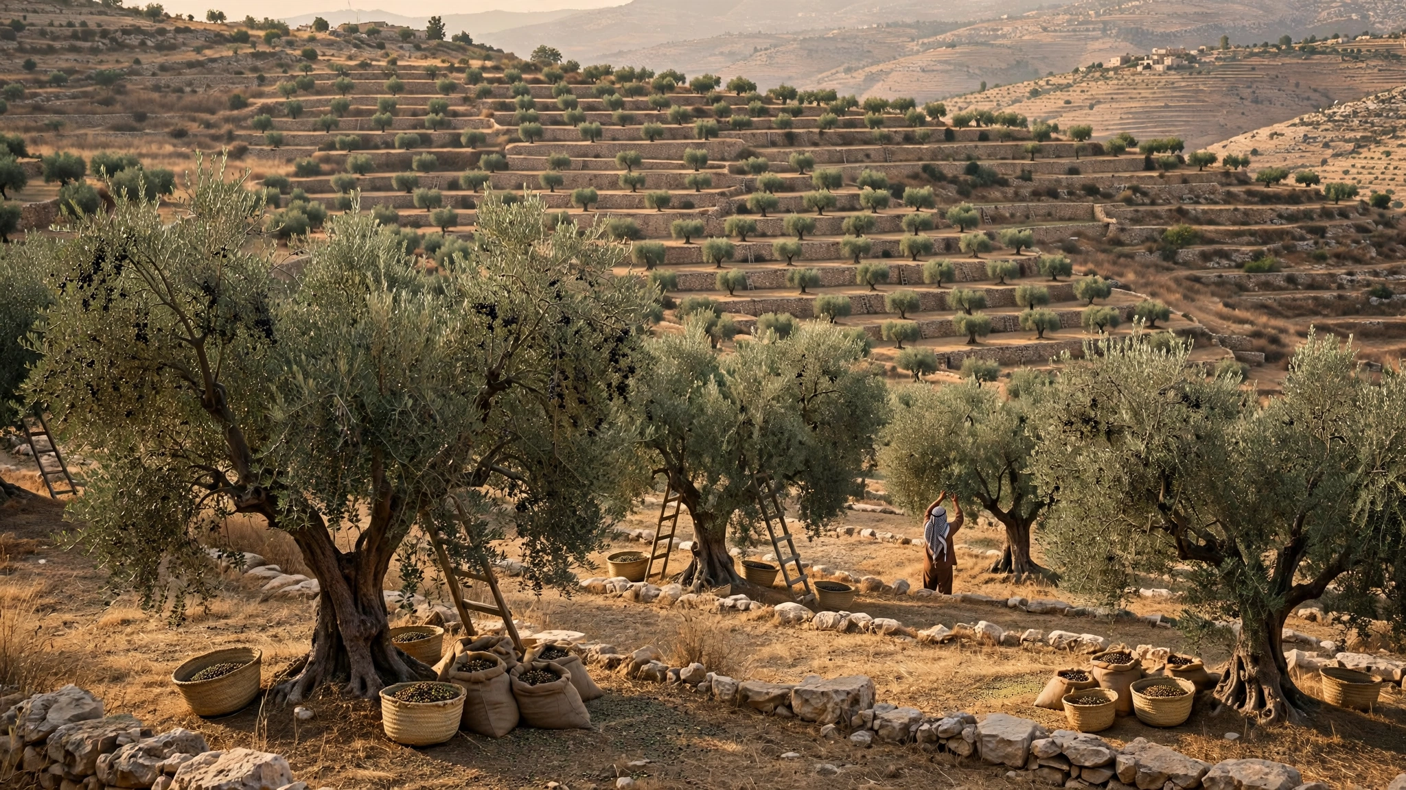 Olive trees on terraced hills at harvest time, with ladders and woven baskets of picked olives