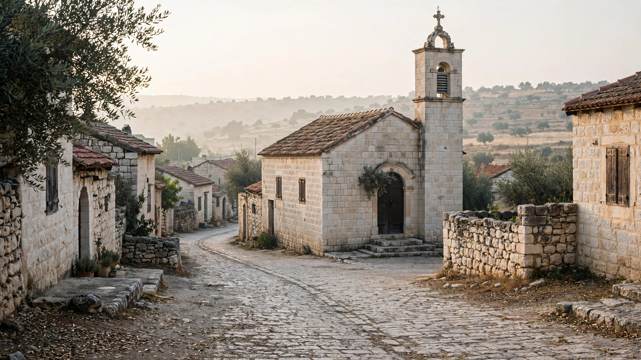 A small stone church with a bell tower on a quiet cobblestone street in a rural village
