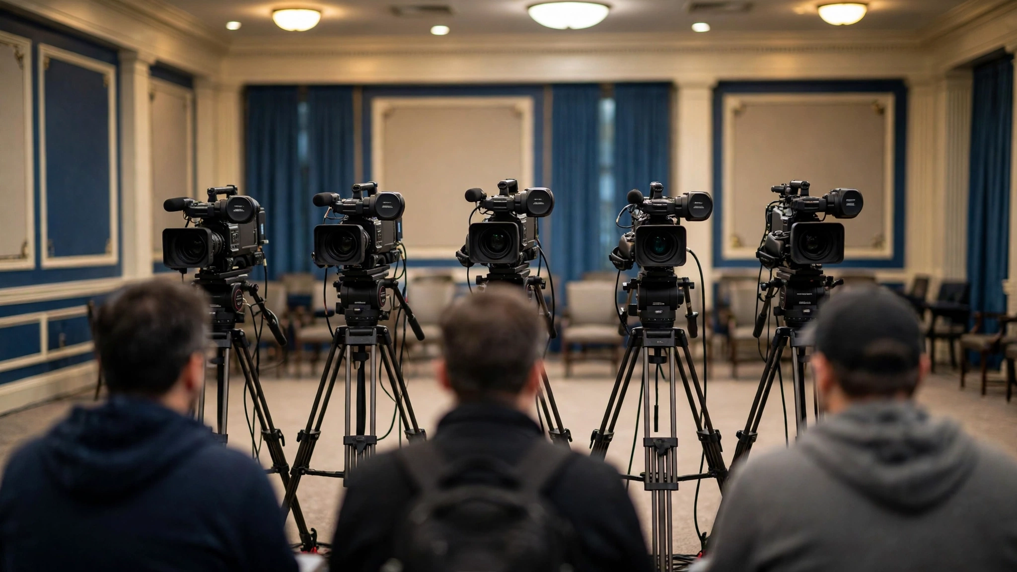 Television broadcast cameras lined up in a White House briefing room, with crew members seen only from behind