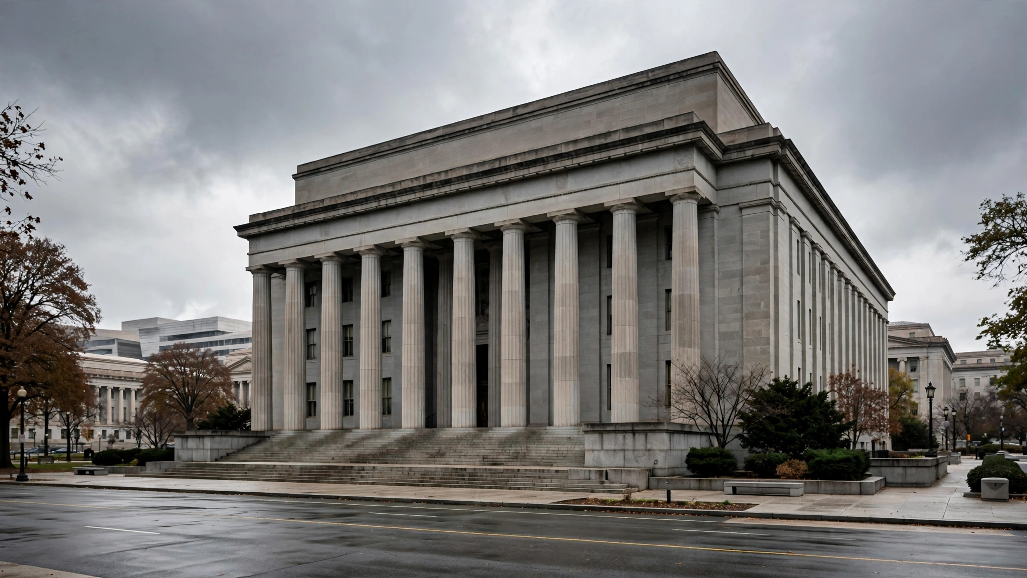 A federal courthouse building with tall stone columns under an overcast sky in Washington, DC