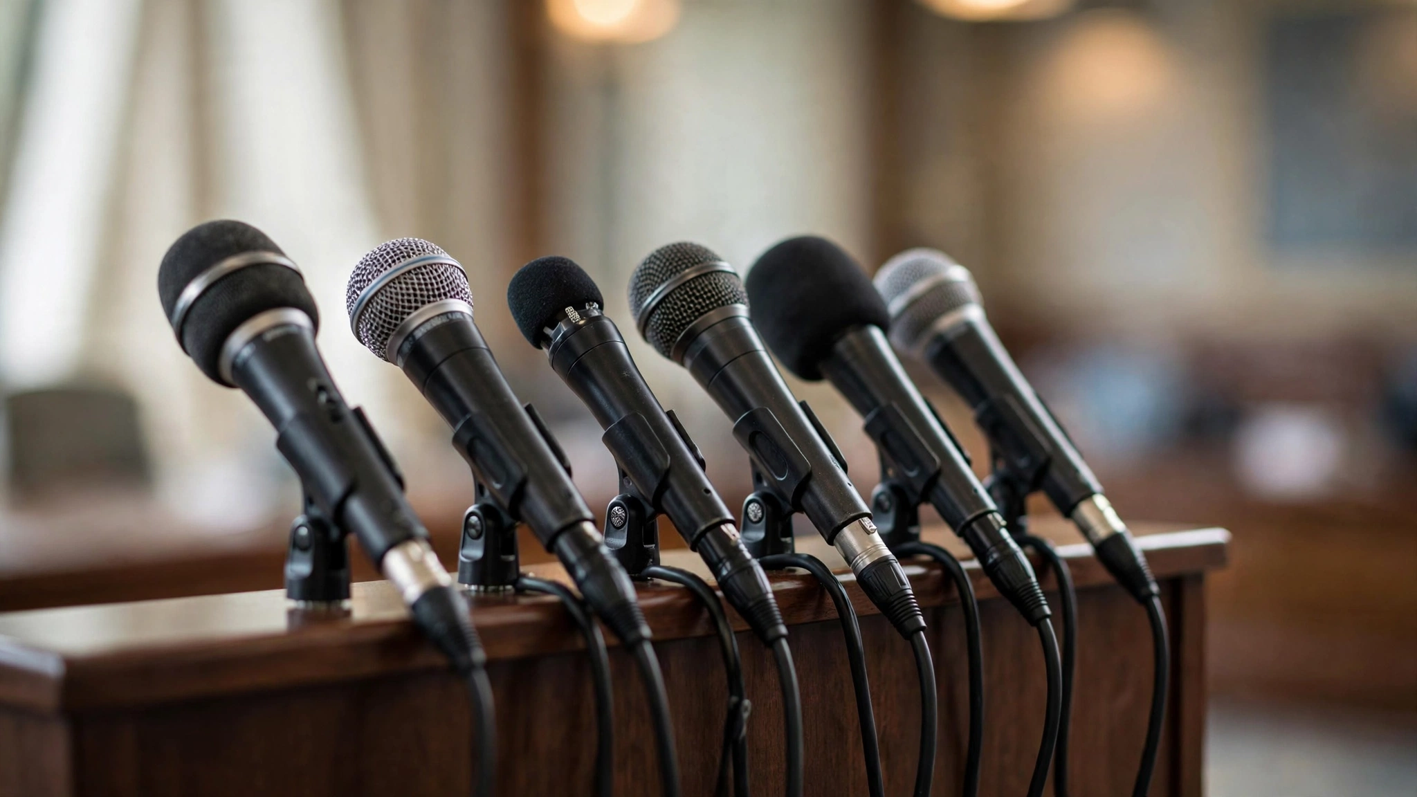 A row of microphones on a briefing room podium