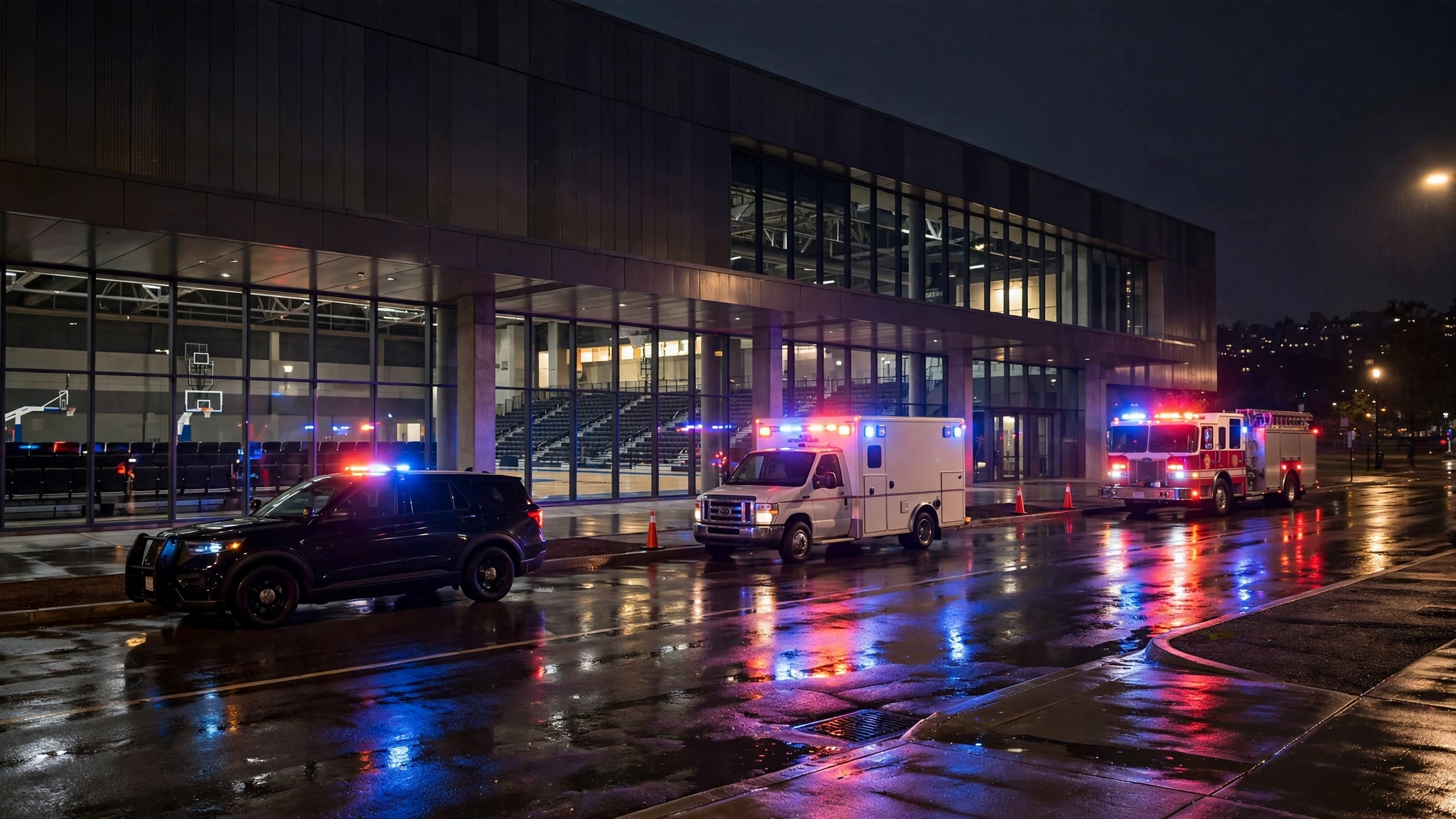 Police car, ambulance and fire truck with flashing lights parked outside a sports facility at night