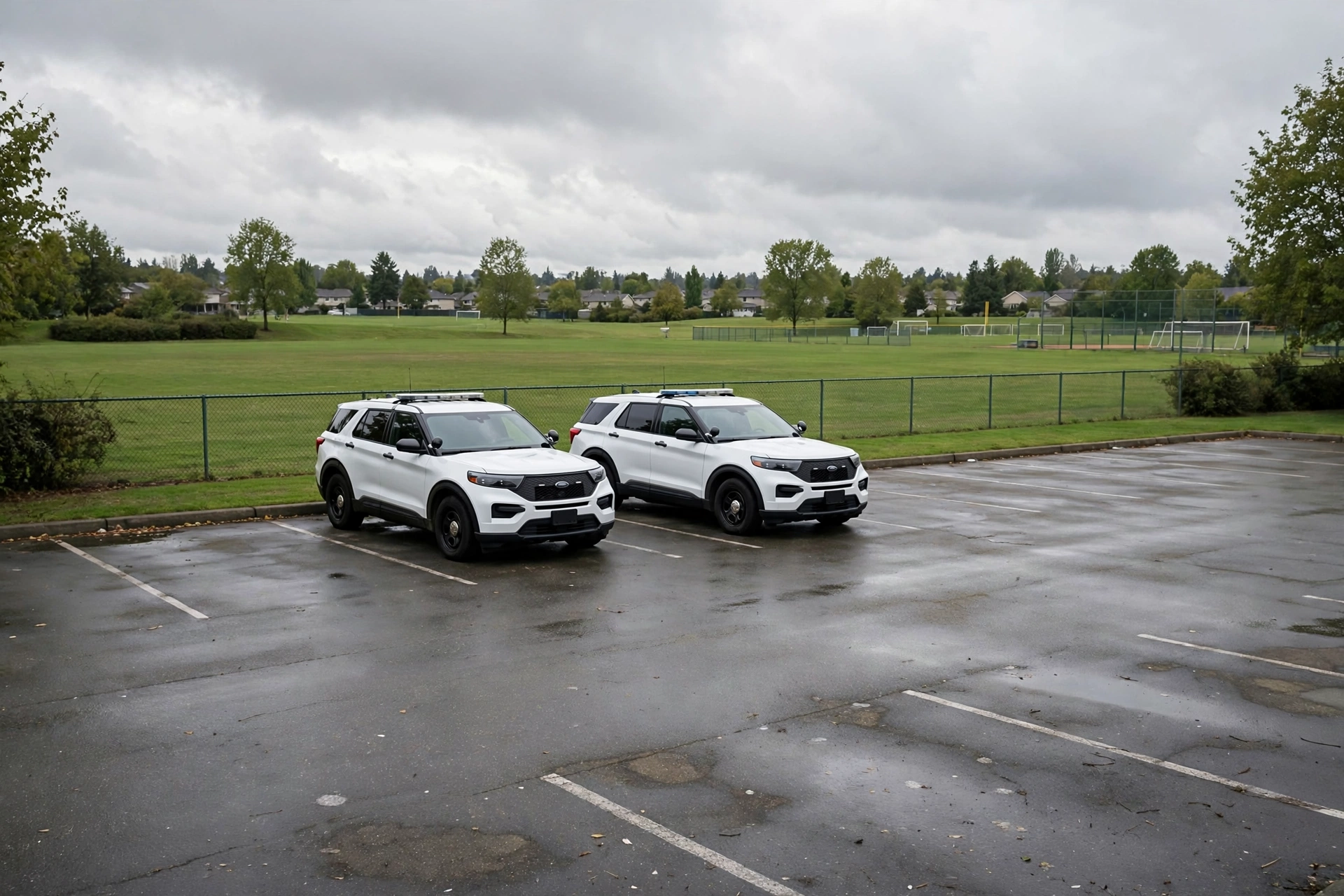 Two police cars parked at a sports complex parking lot beside fenced soccer fields