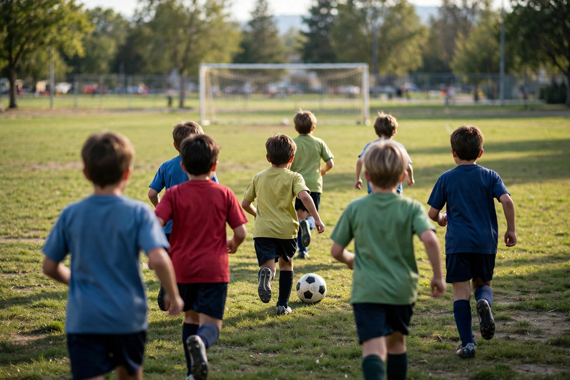 Anonymous children in plain jerseys running with a soccer ball on a field, seen from behind