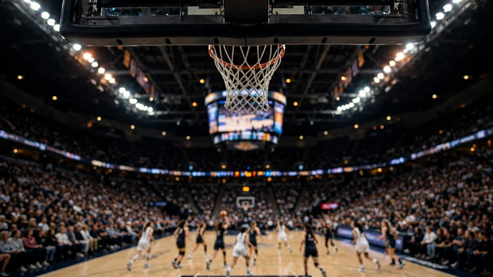 Women's professional basketball players compete on the court in a packed arena at night.